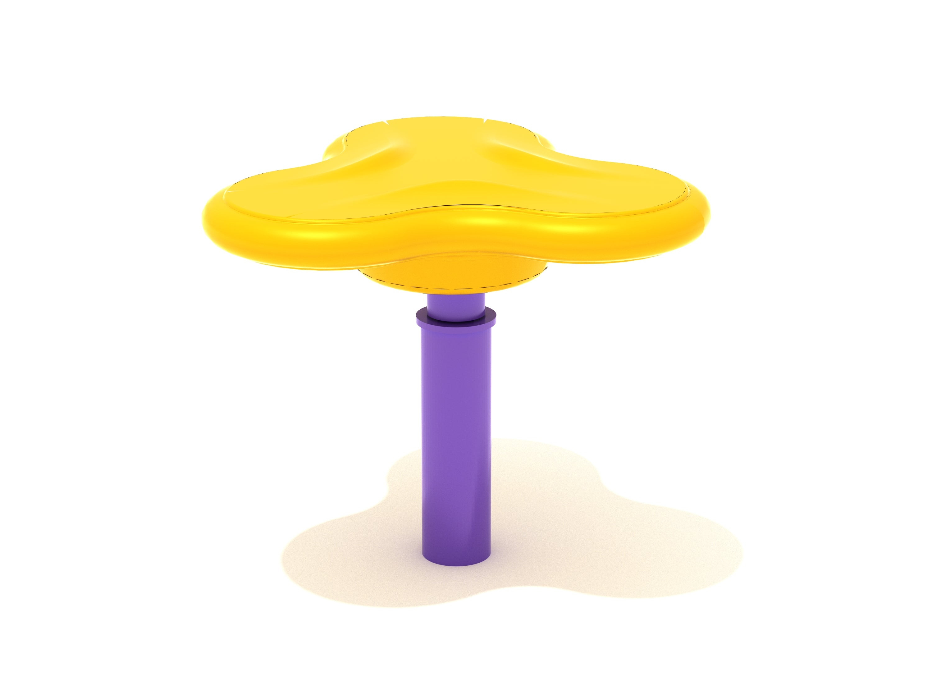 Yellow playground merry-go-round with three contoured edges and purple central support post, inspired by a fidget spinner design