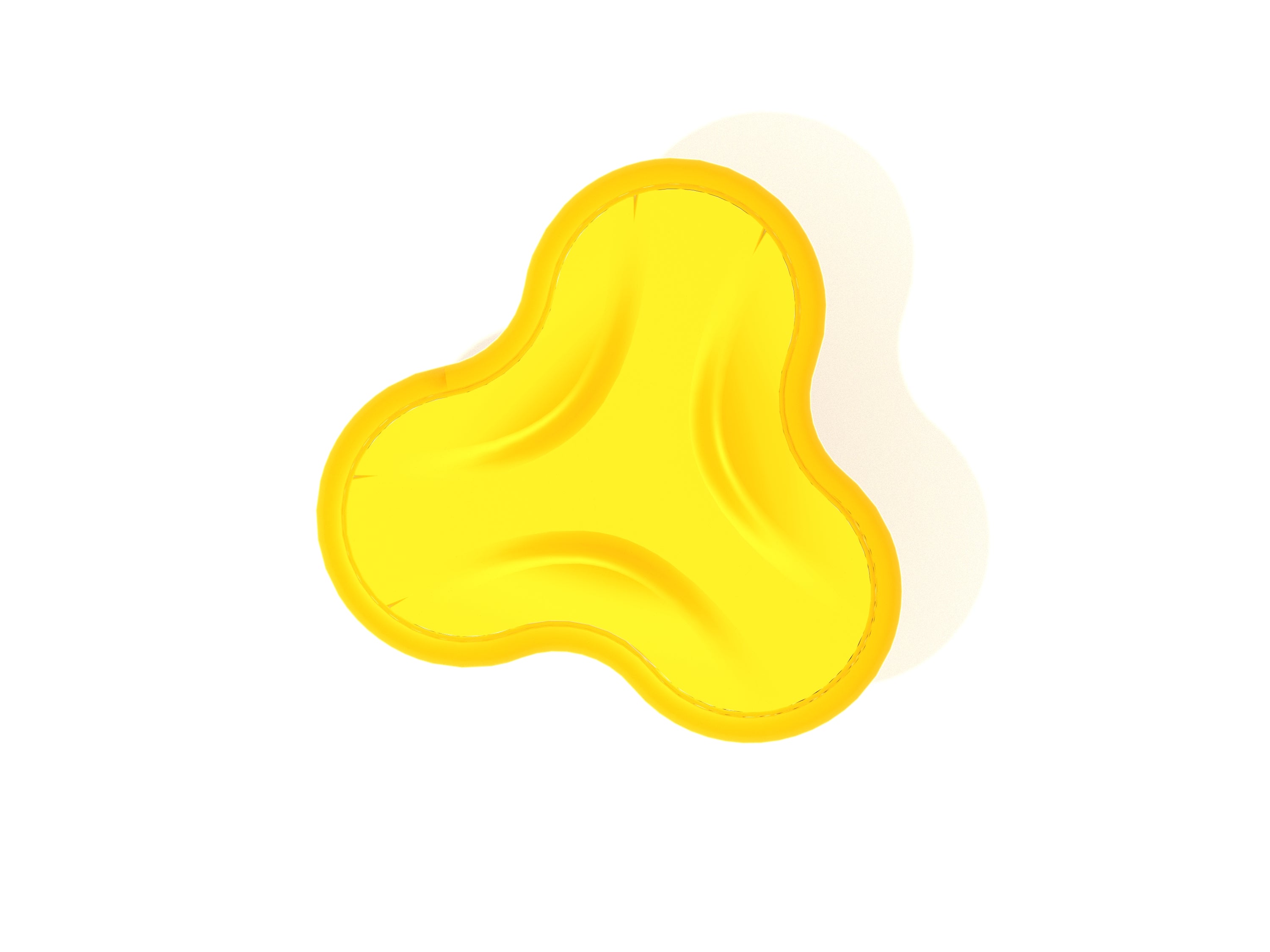 Overhead view of a bright yellow, three-lobed playground spinning seat with contoured edges for grip and a built-in speed regulator