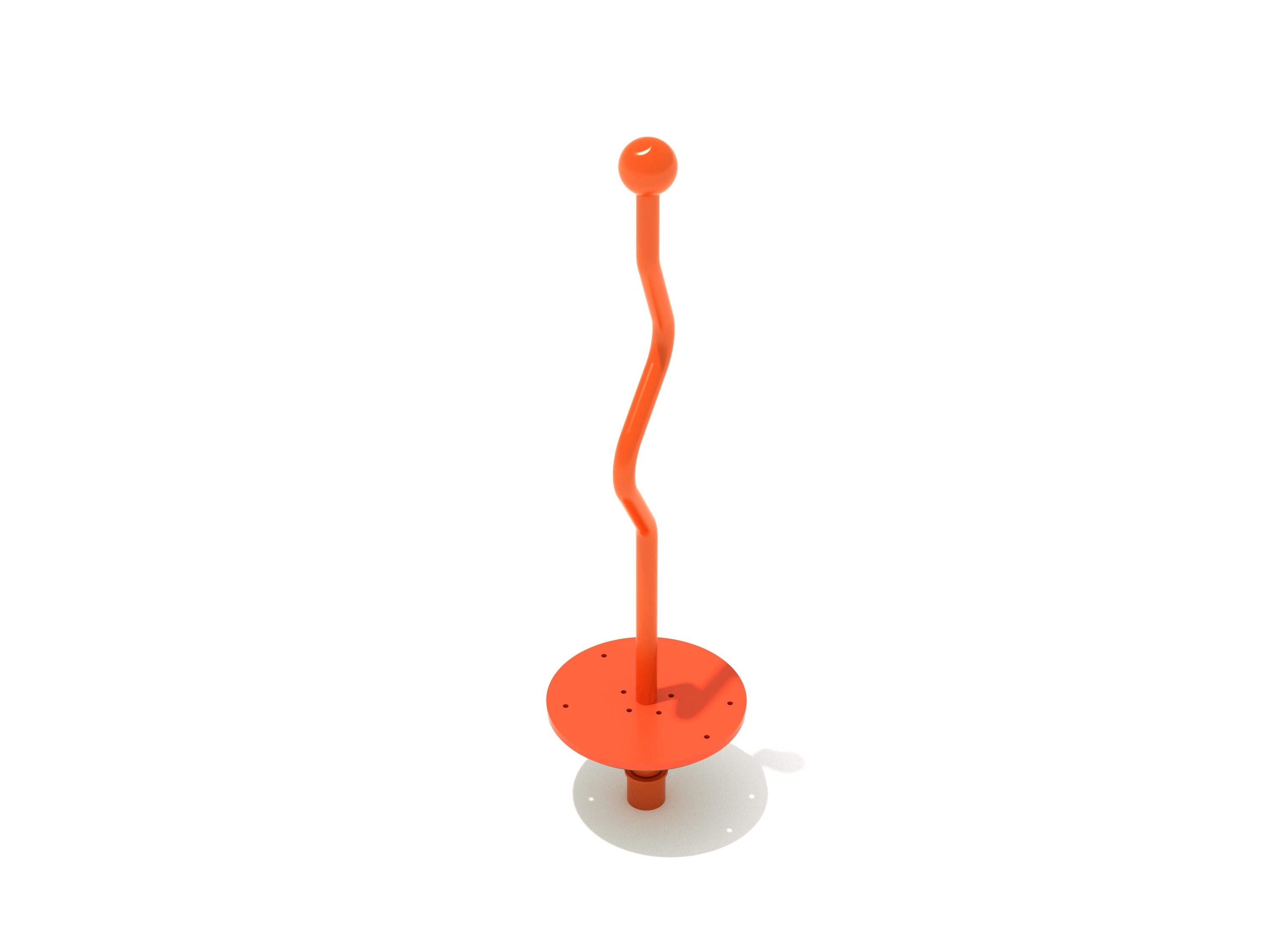 Compact orange playground merry-go-round with crooked center pole and round base for balance and coordination