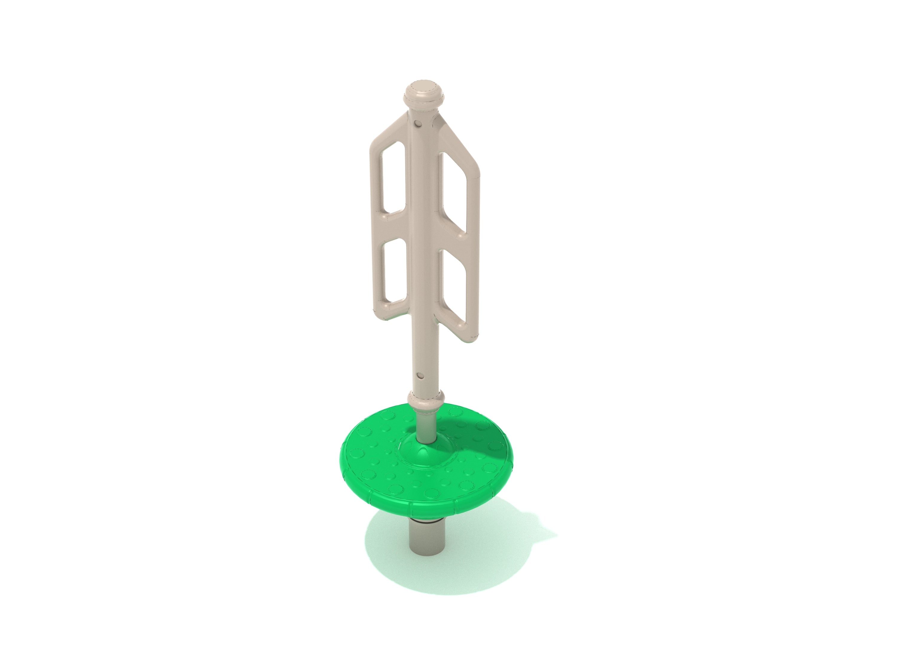 Green circular playground spinner with beige vertical handles for balance and coordination play