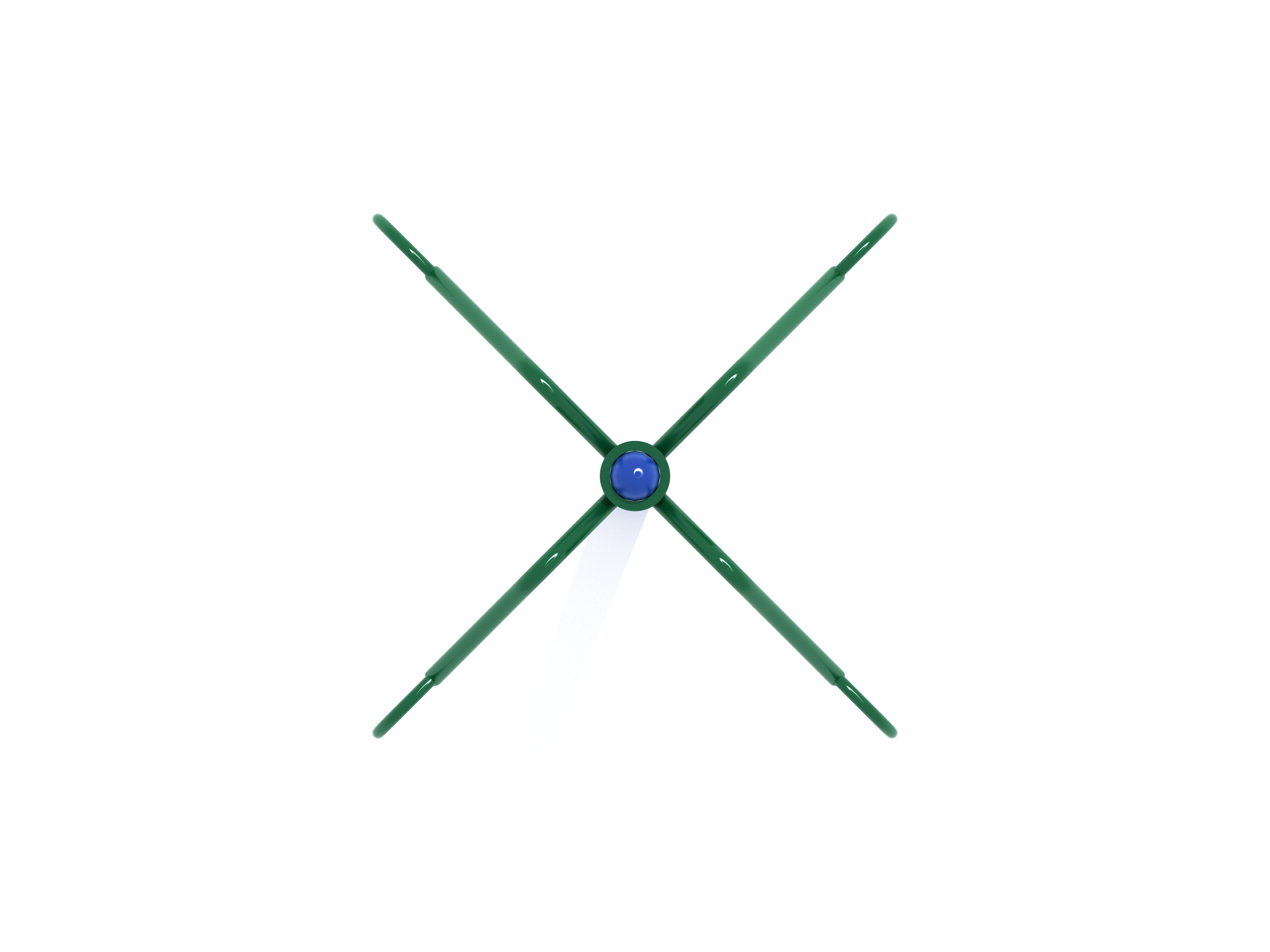 Overhead view of green steel playground spinner with four loop handles and blue central hub