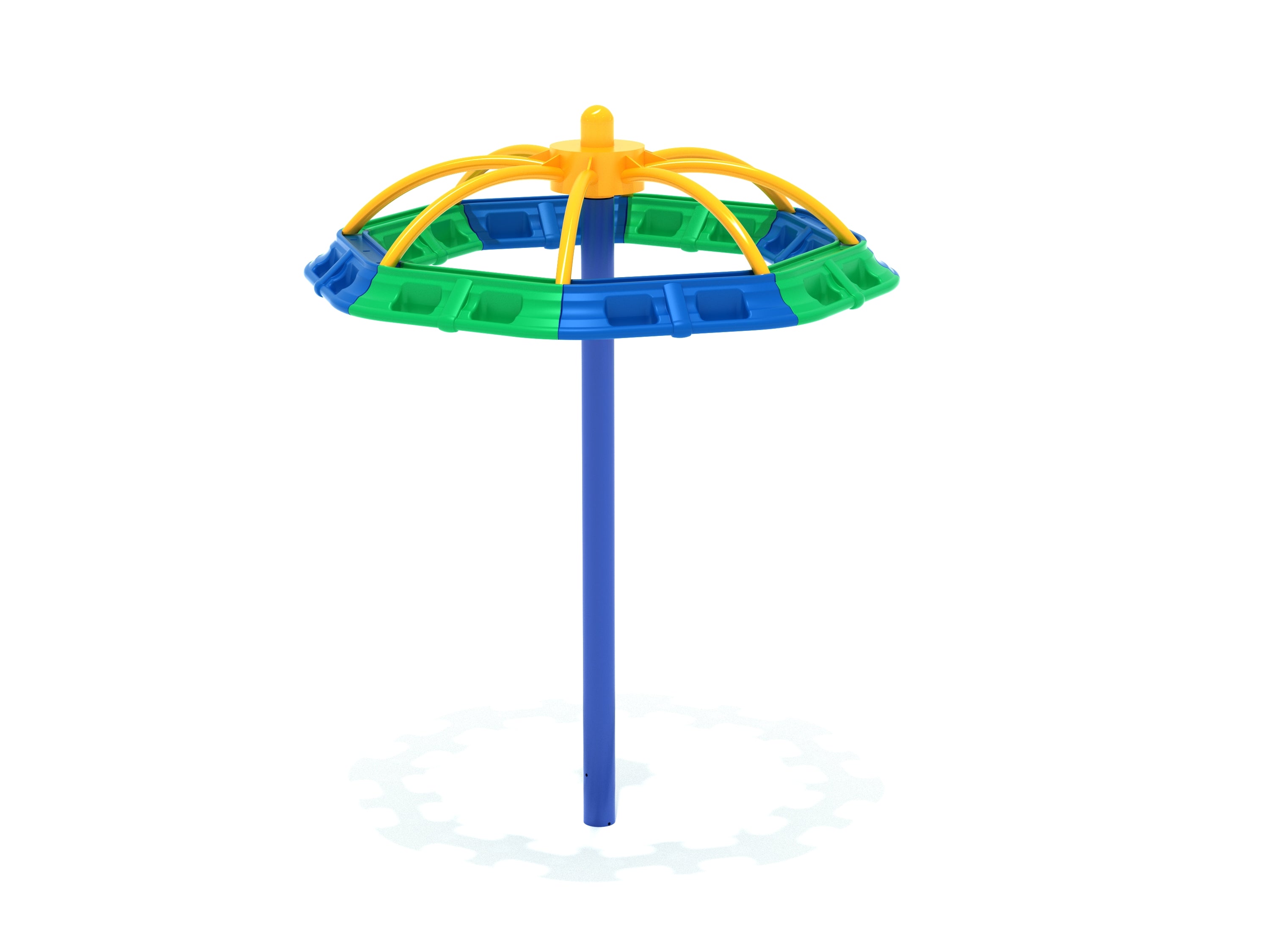 AeroSpinnerMerry Go Rounds colorful umbrella-shaped playground spinner with blue steel post and green-blue circular ring for group play