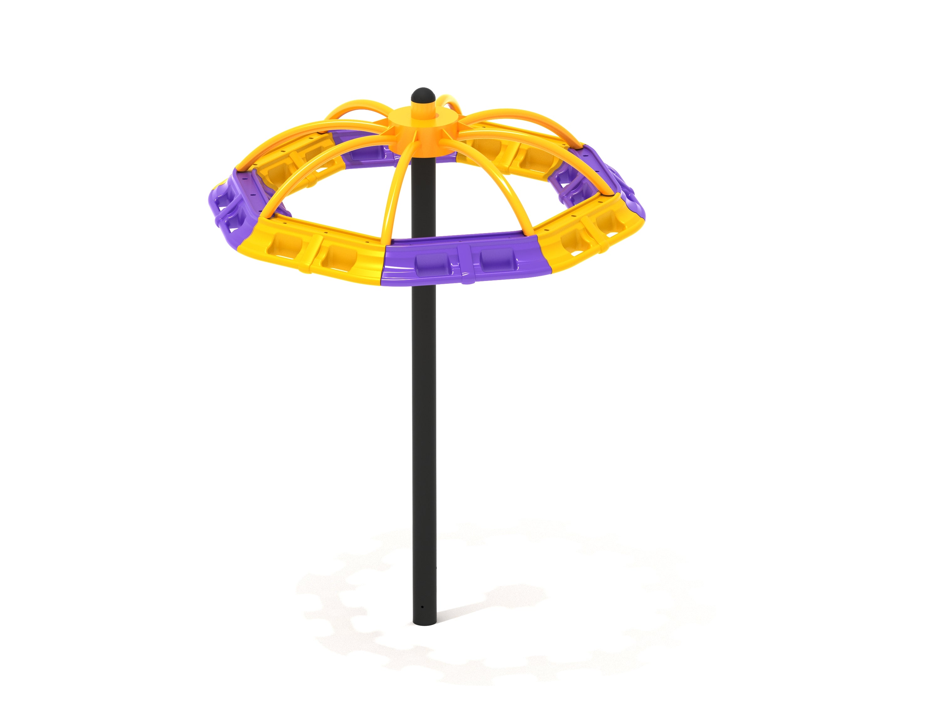 Colorful purple and yellow umbrella-shaped merry-go-round spinner with central black steel post for outdoor play