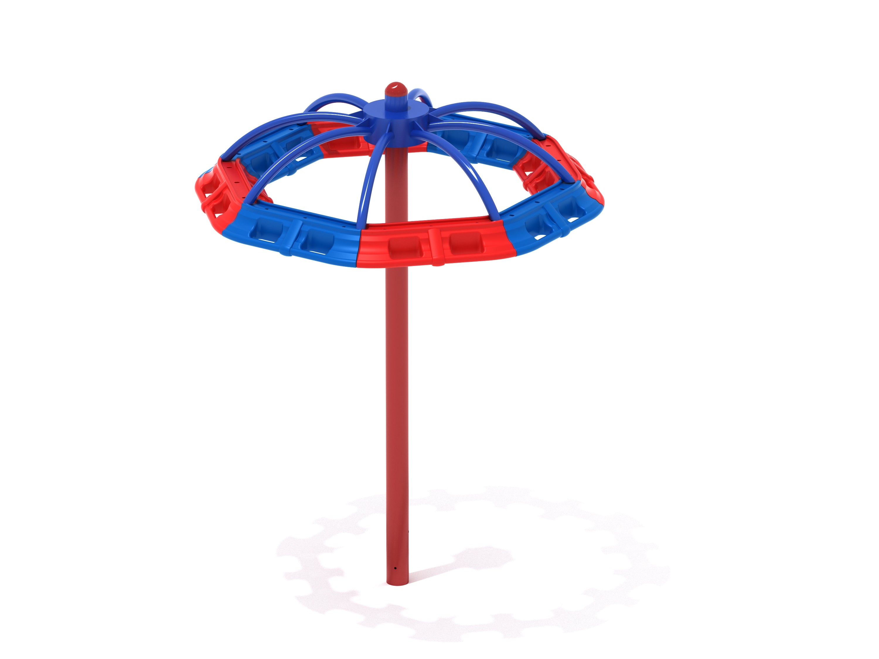 Colorful red and blue umbrella-shaped playground spinner with sturdy central post and handholds for multiple children