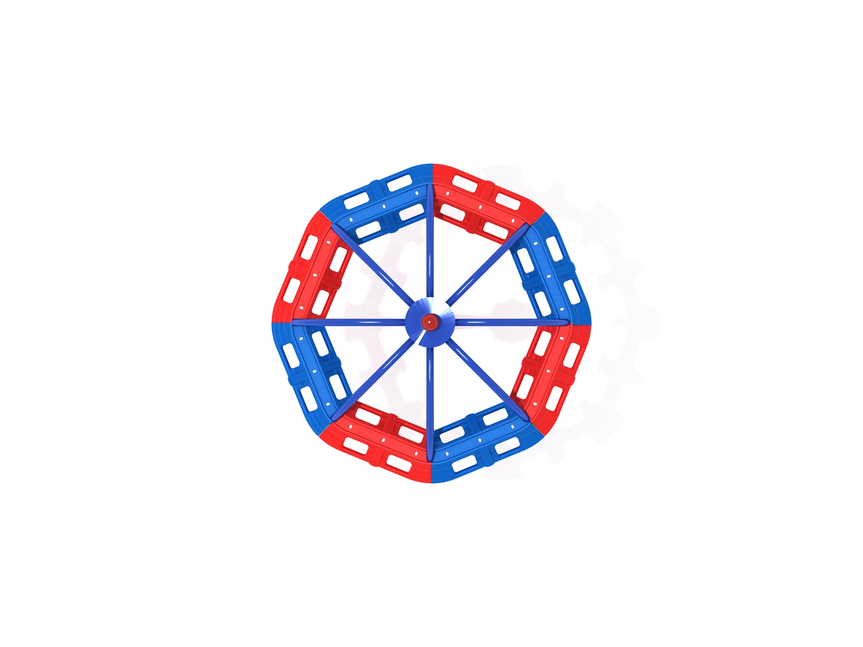 Overhead view of a colorful red and blue umbrella-shaped playground spinner with eight spokes and hand grips