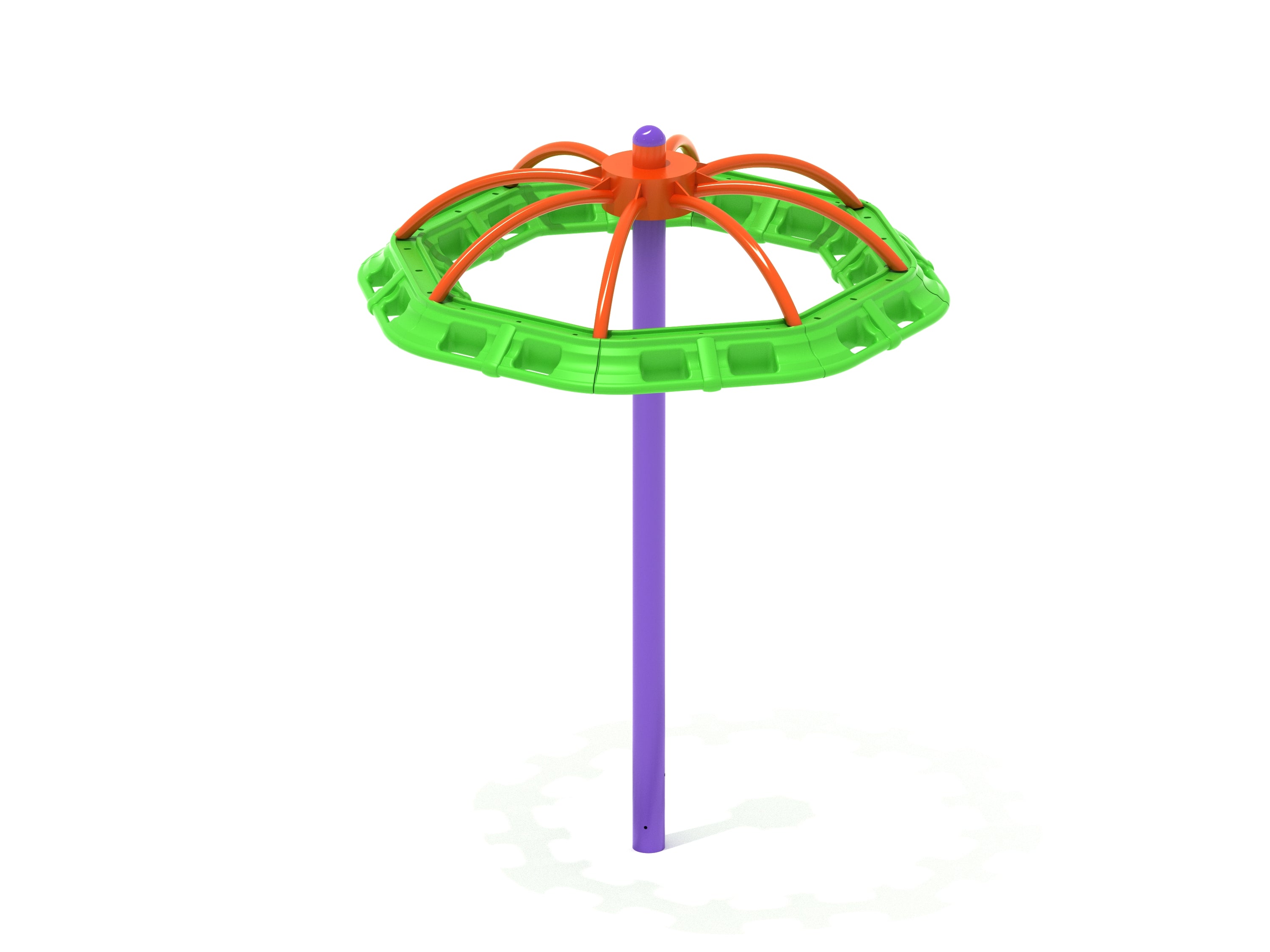 Colorful playground spinner with purple central post, orange curved supports, and green circular ring for hanging and spinning play