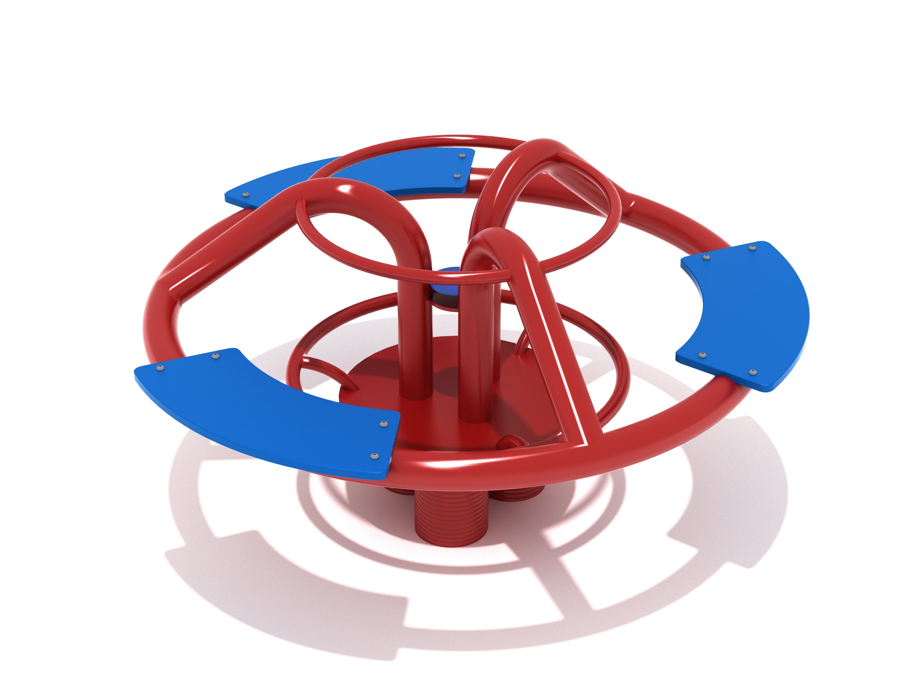 Red and blue circular spring rider merry-go-round with three plastic seats and steel frame for playground group play