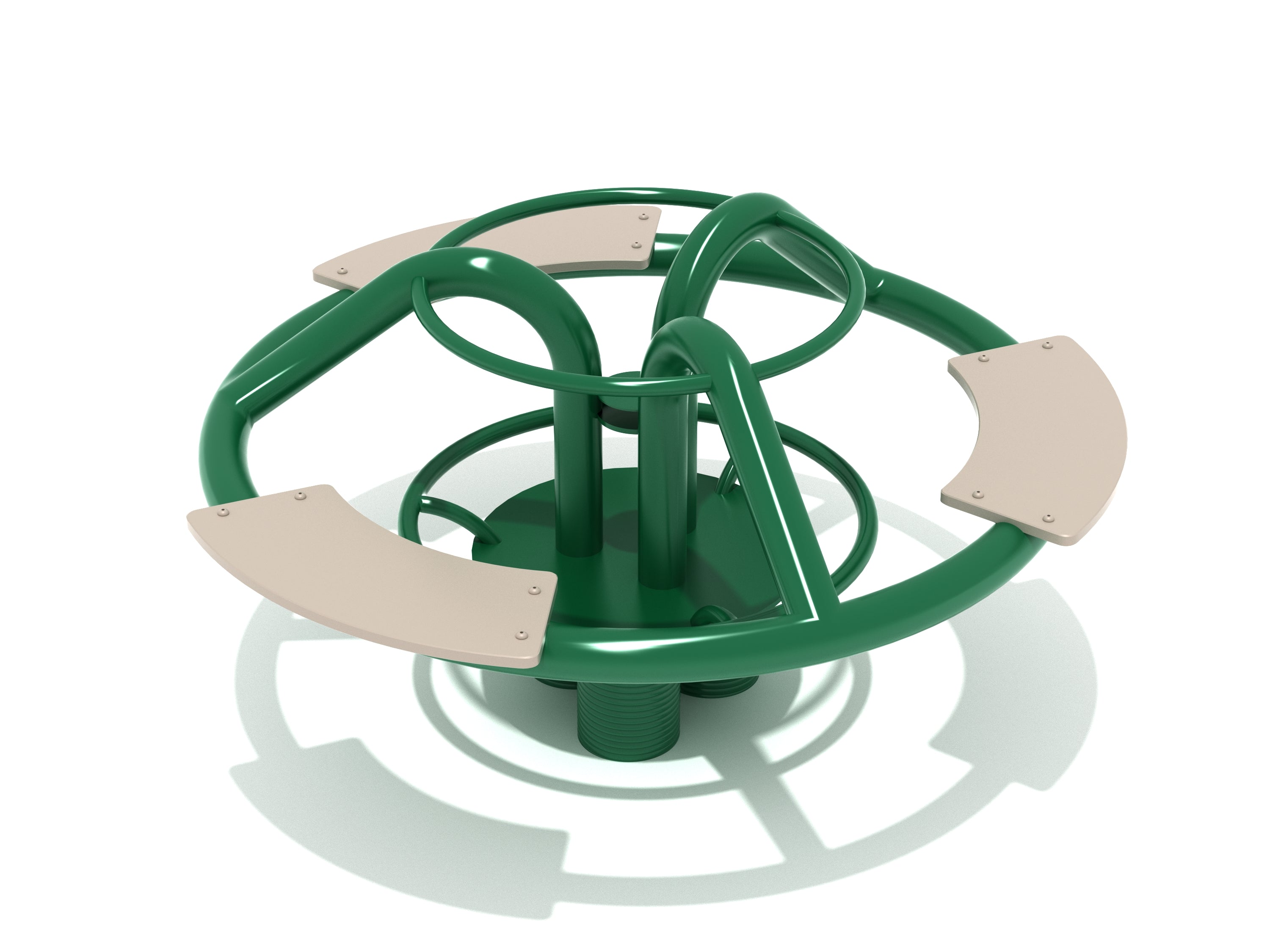 Green steel playground spinner with three beige plastic seats and a spring base for bouncing and spinning fun