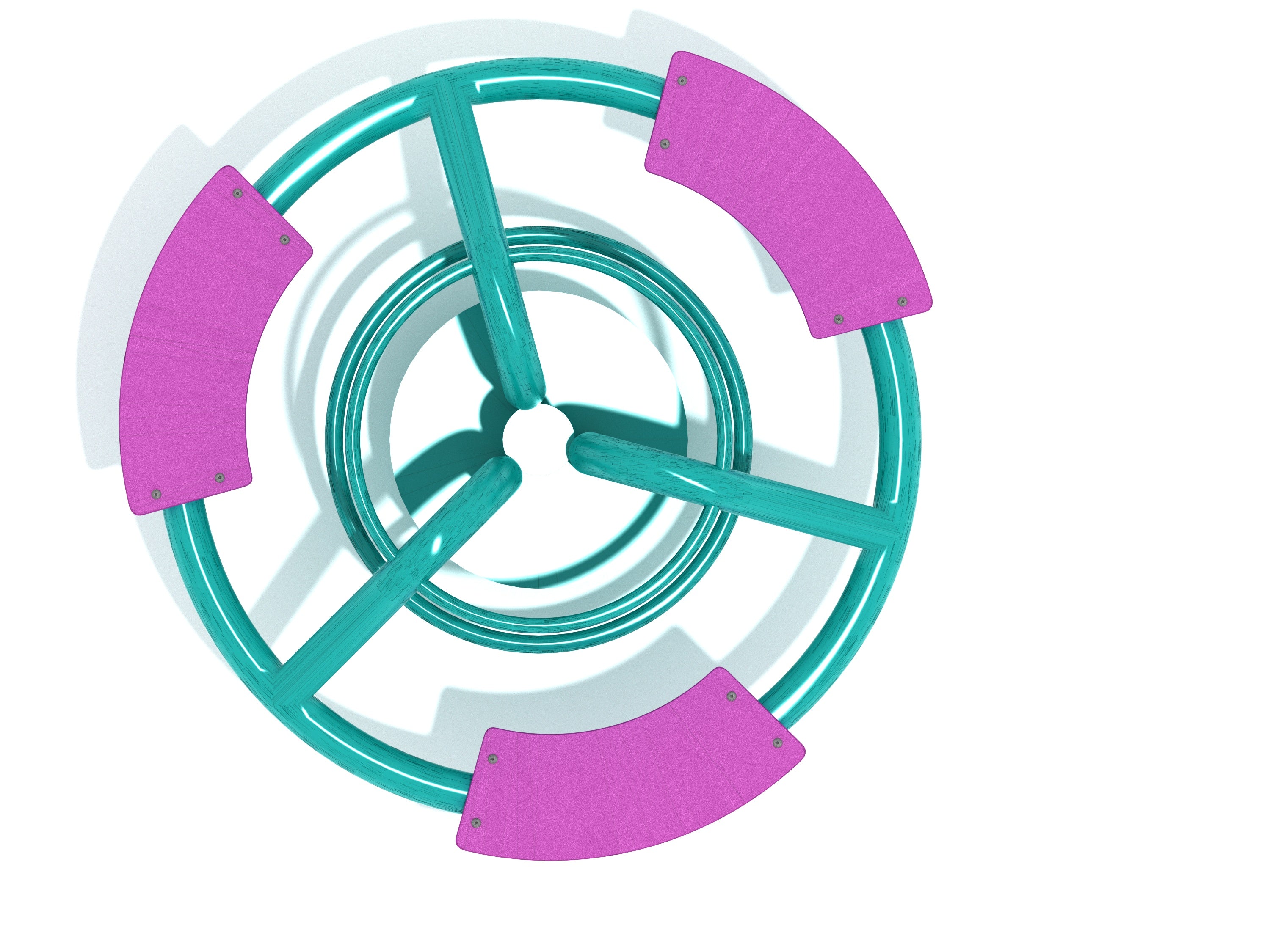 Overhead view of a turquoise steel spring rider with three purple plastic seats in a circular merry-go-round design