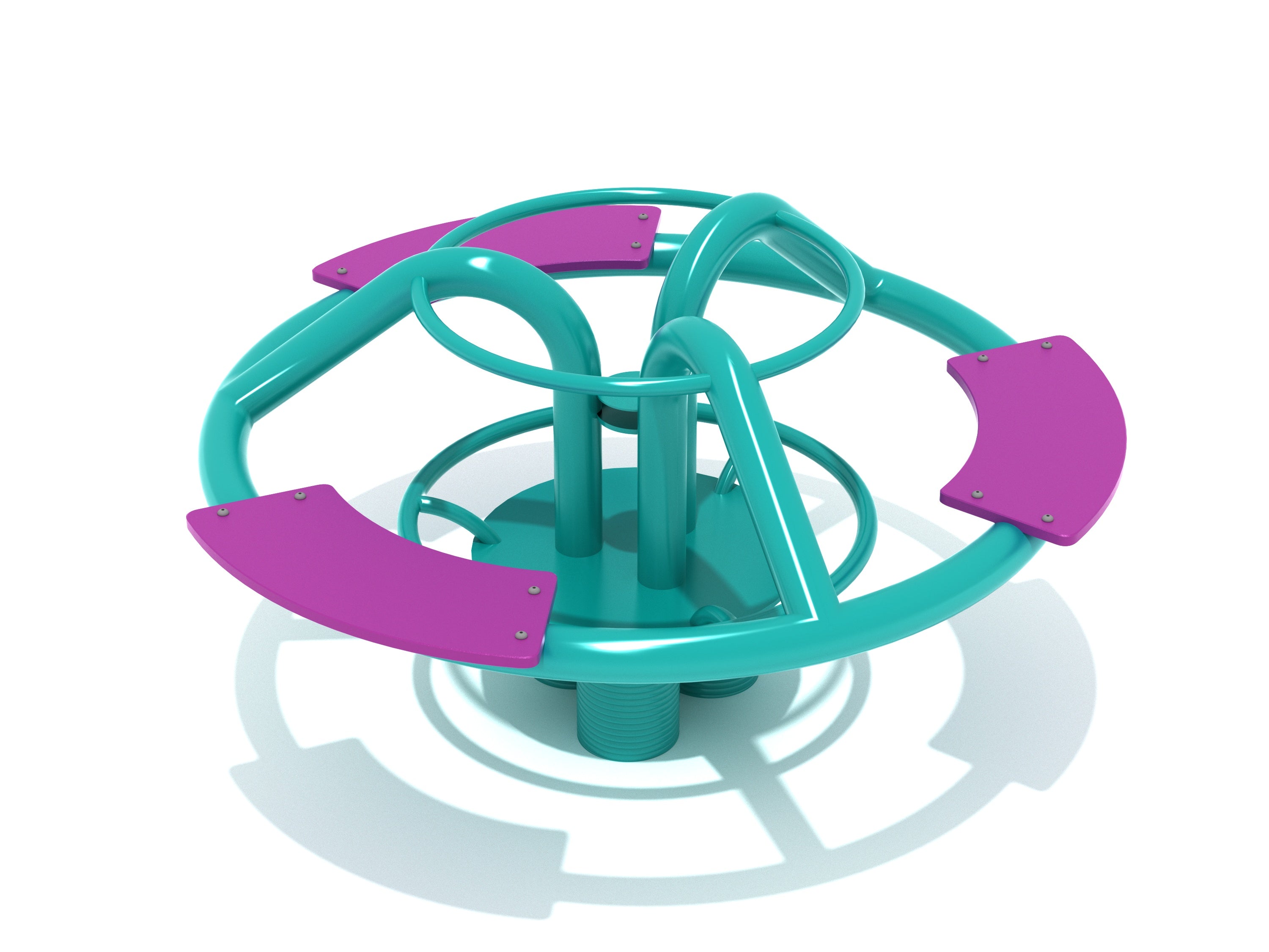 Top view of a colorful playground spring rider with three purple polyethylene seats and teal steel frame for group play