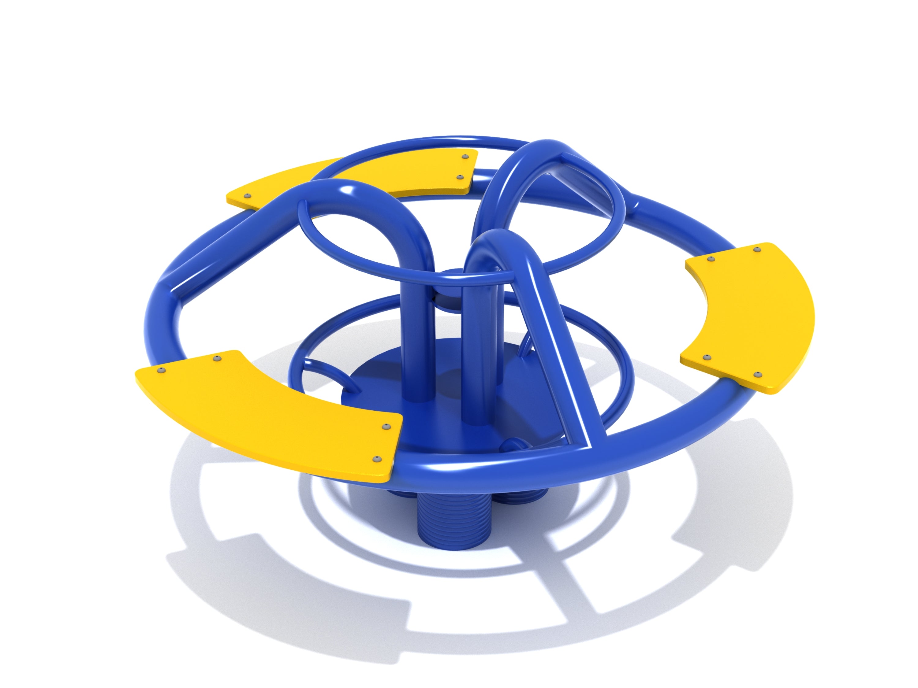 Orbital Spring Rider with blue steel frame and three yellow polyethylene seats, playground merry-go-round spring rider