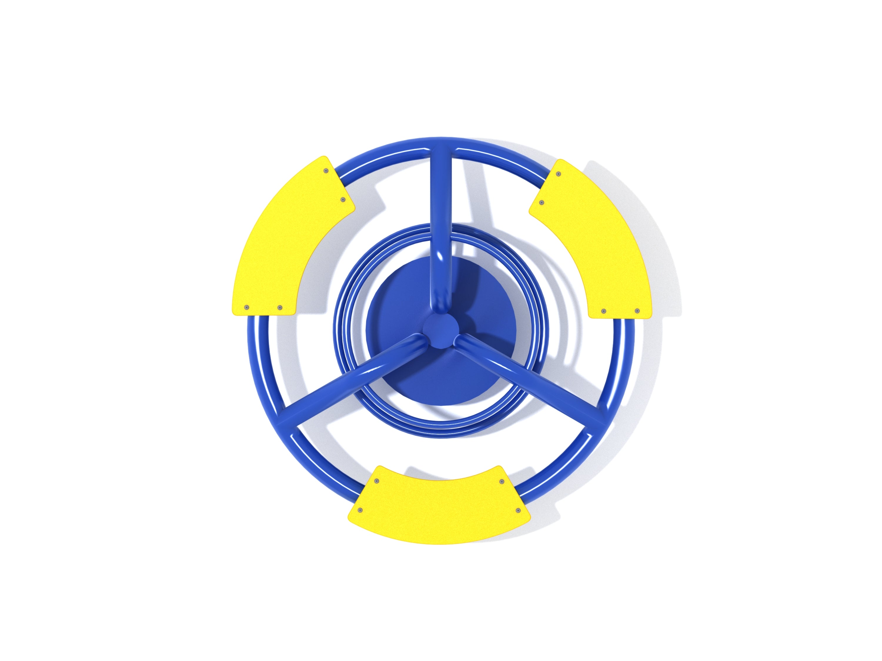 Overhead view of a blue steel spring rider with three yellow polyethylene seats for group playground play