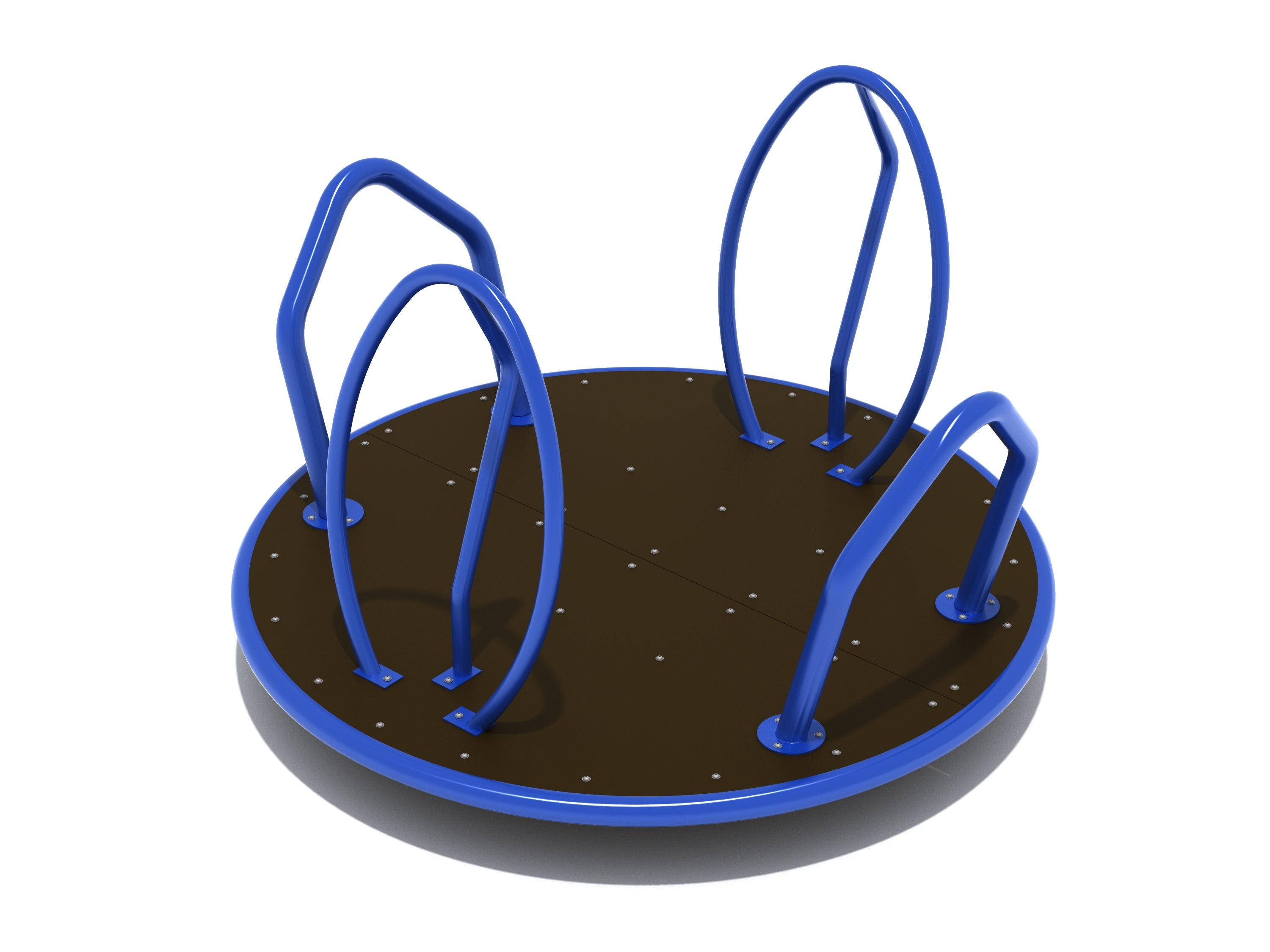 Galaxy Disc Merry Go Round with four blue oblong grip rings on a round black platform for active playground spinning fun