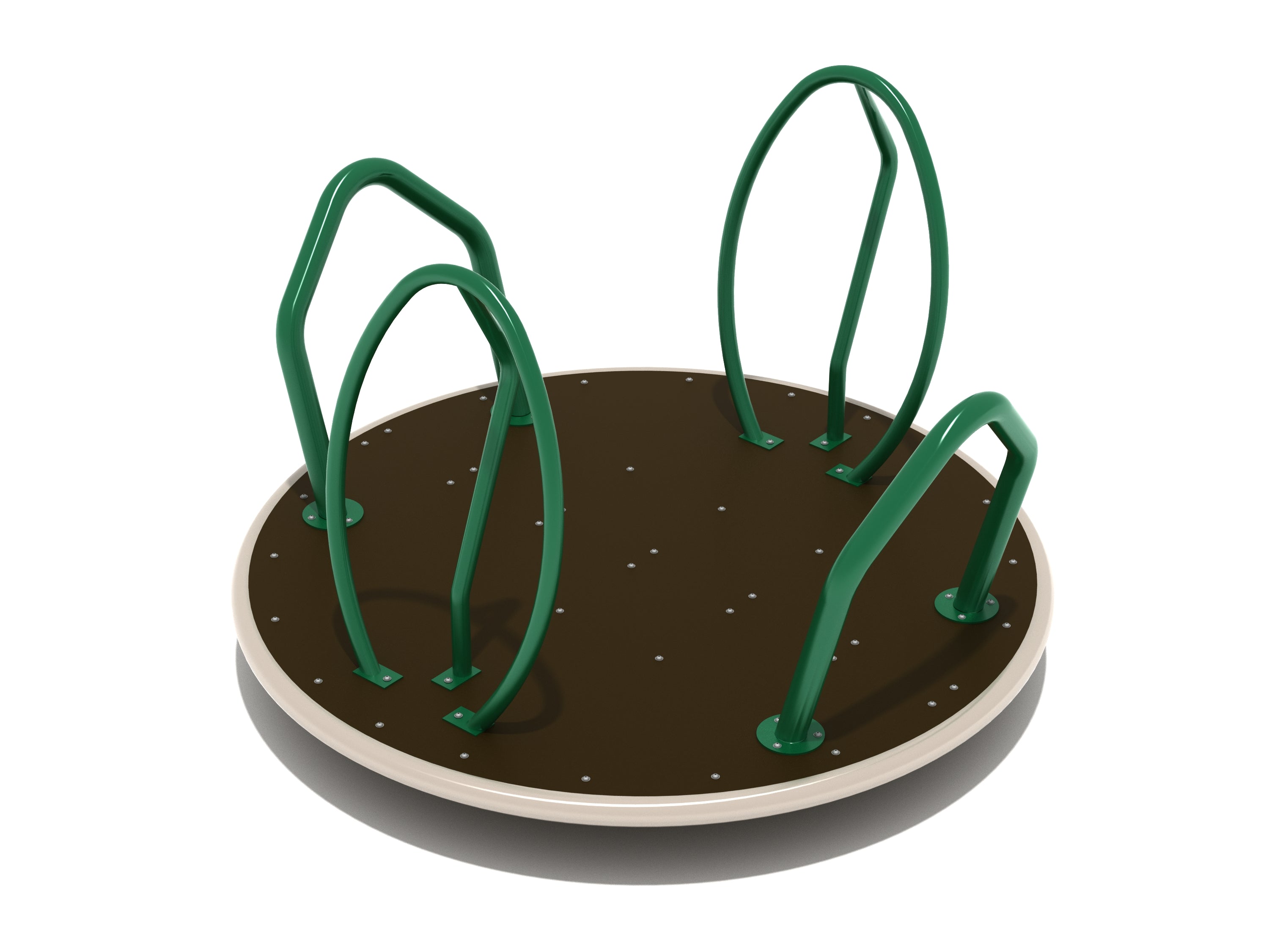 Round playground merry-go-round with four green oblong grip rings on dark brown platform, angled view