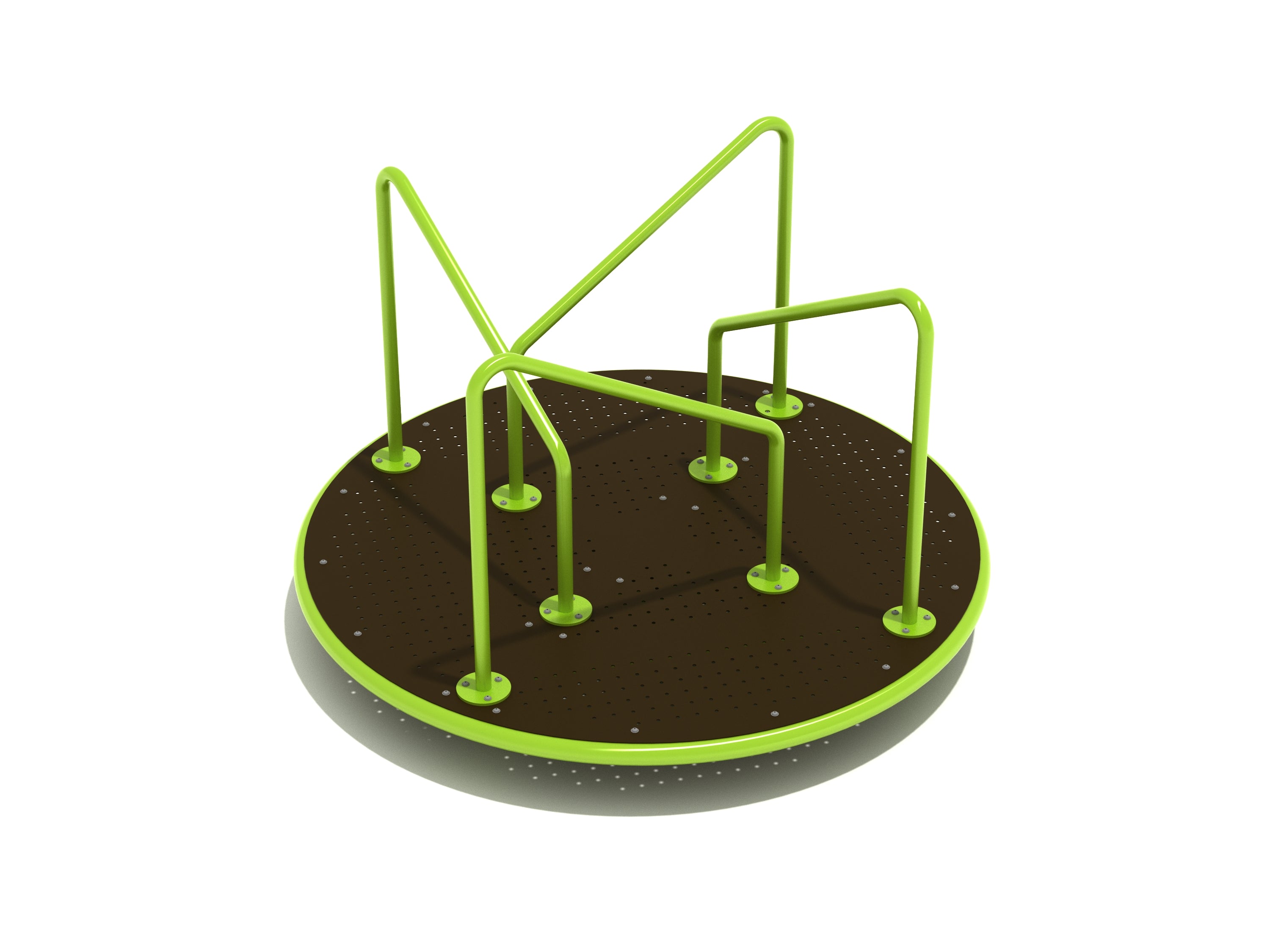 Radical Rotator Merry Go Round with lime green metal bars and dark brown perforated platform for playground balance and coordination
