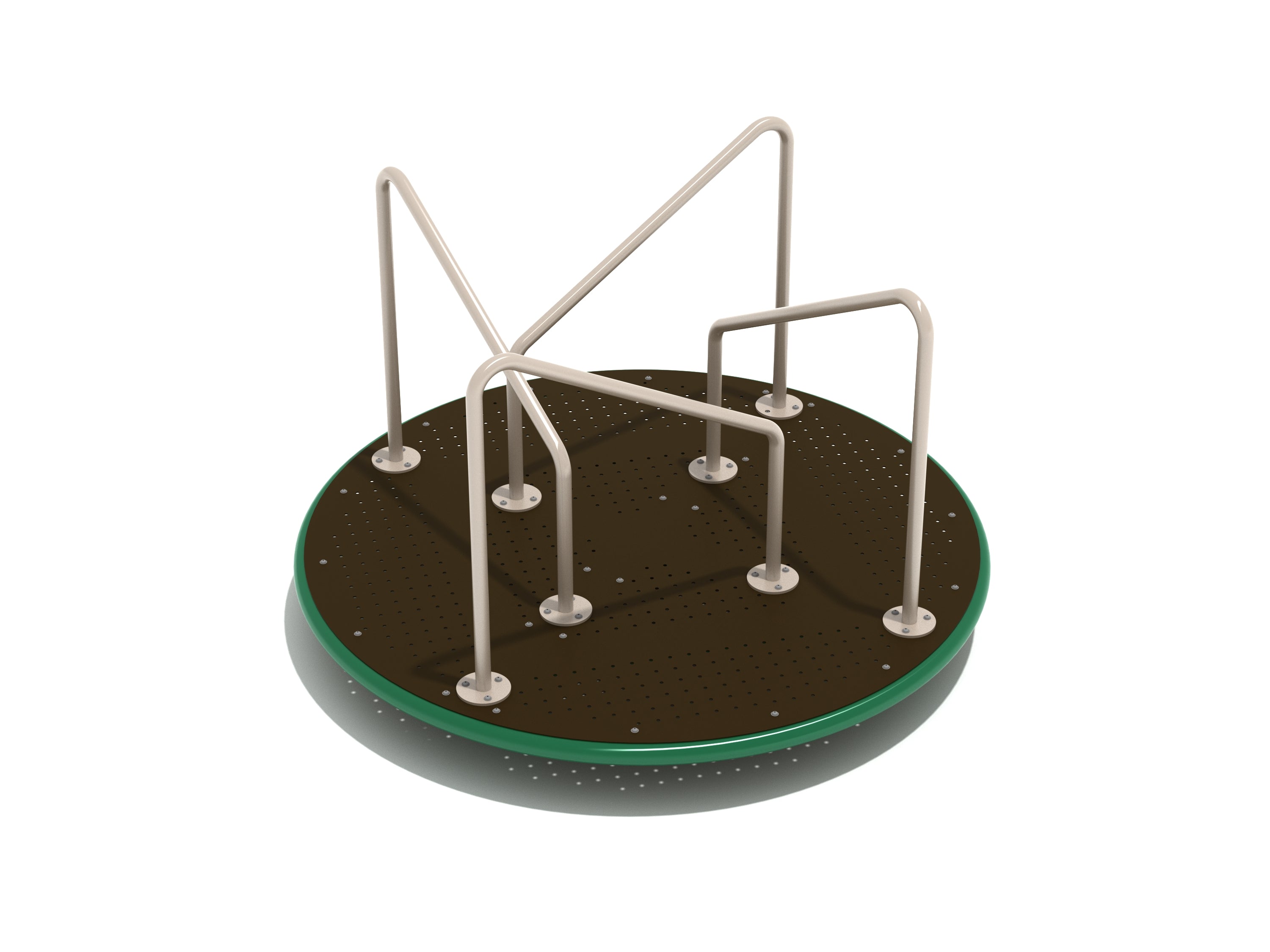 Playground merry-go-round with dark perforated platform, green edge, and four beige metal grip bars for balance and spinning fun