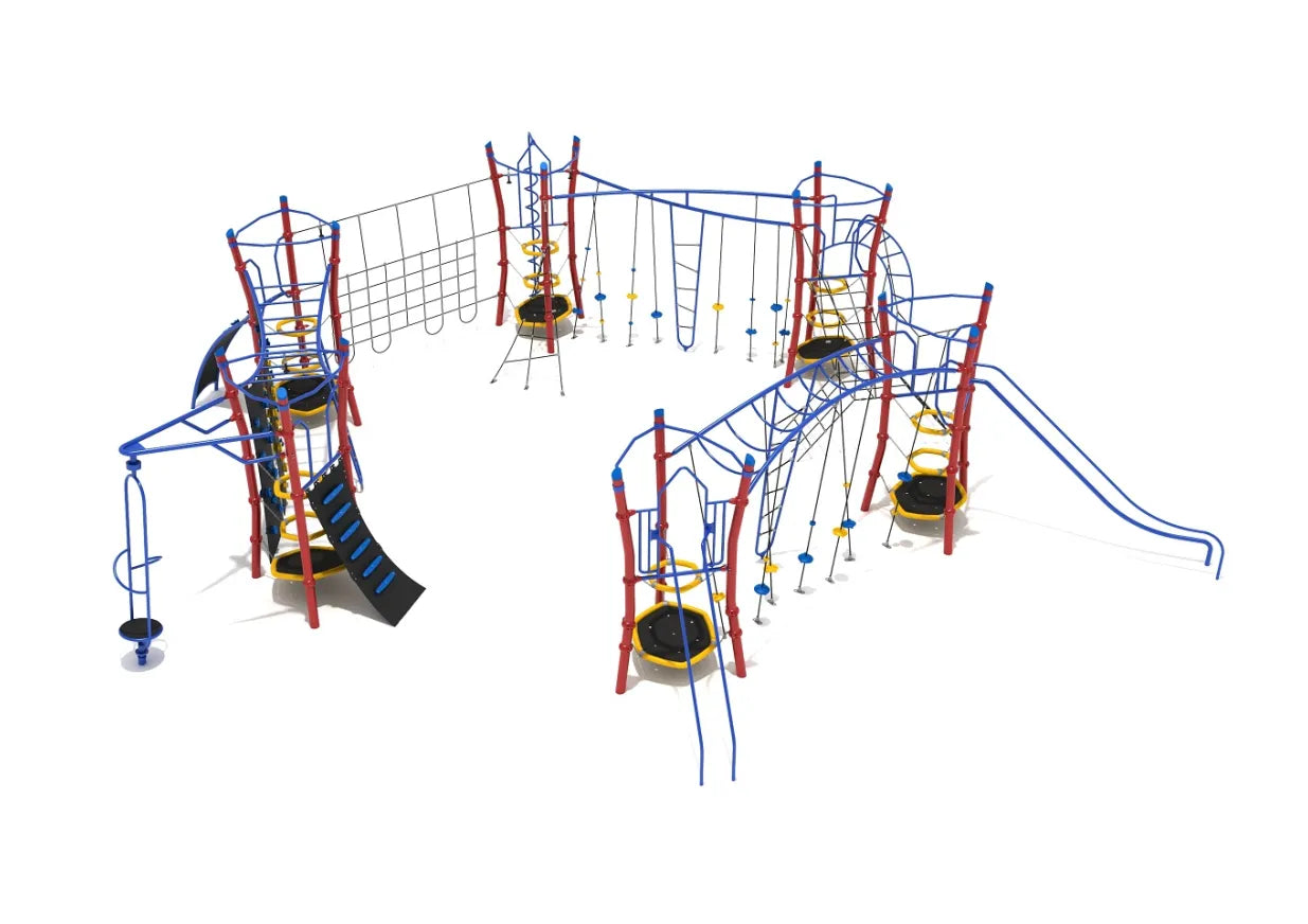 Chaco Canyon Playground large play system with red and blue climbing towers, rope bridges, slides, and obstacle course elements