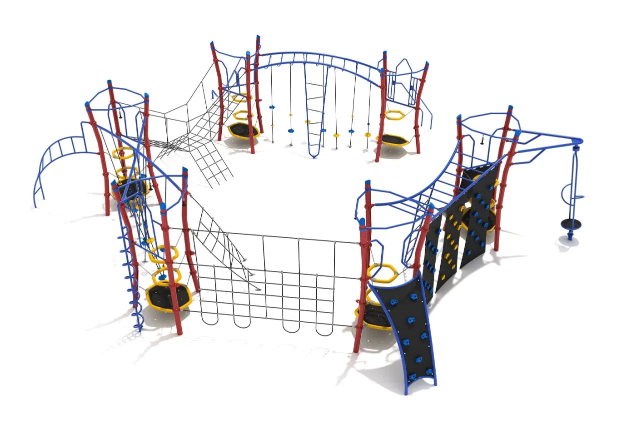 Overhead view of a large kinetic obstacle course playground with climbing walls, rope bridges, arched ladders, and pod-style climbers in red, blue, and yellow