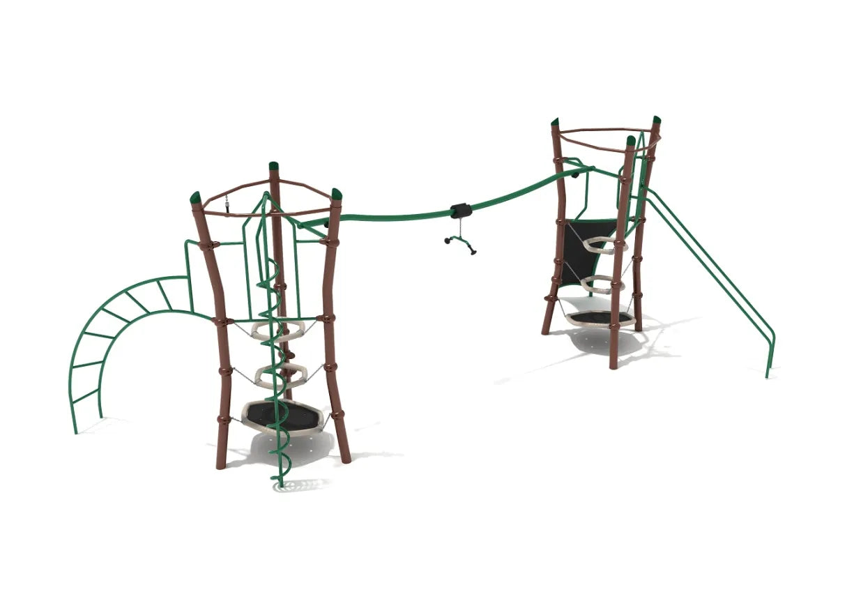 Playground with two brown towers connected by a green hanging track ride, featuring spiral climbers, ring stacks, parallel bars, and climbing elements