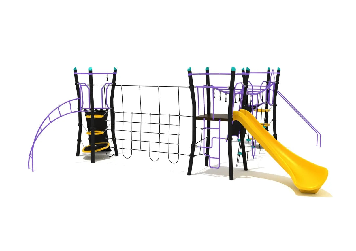 Modern playground with purple and black climbing frames, rope nets, and a bright yellow curved slide