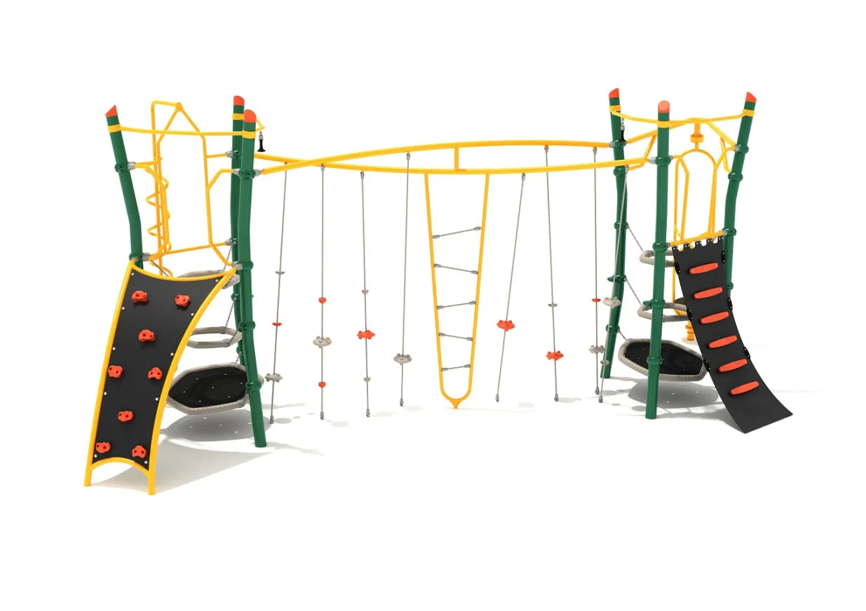 Antelope Canyon Playground with green and yellow frame, climbing walls, rope crossings, floating steps, and spinning elements for active play