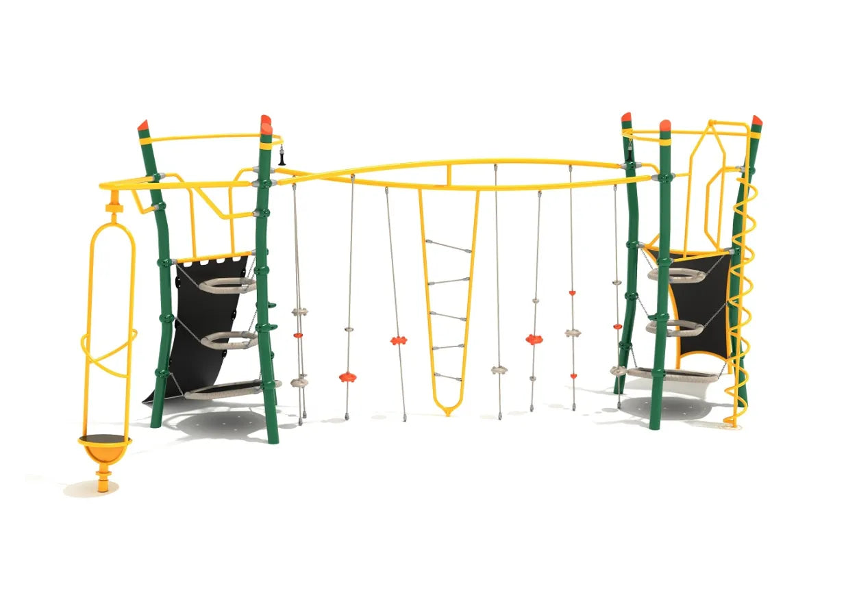 Modular green and yellow playground climber with rope crossings, floating steps, twin spiral climbers, ladder, and spinner