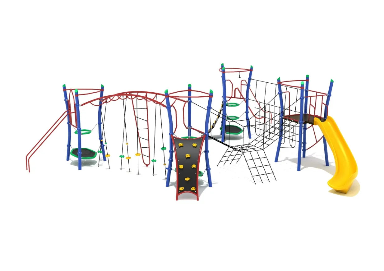 Horseshoe Canyon Playground with vibrant climbing walls, rope nets, slides, ladders, and swings for active play and physical development
