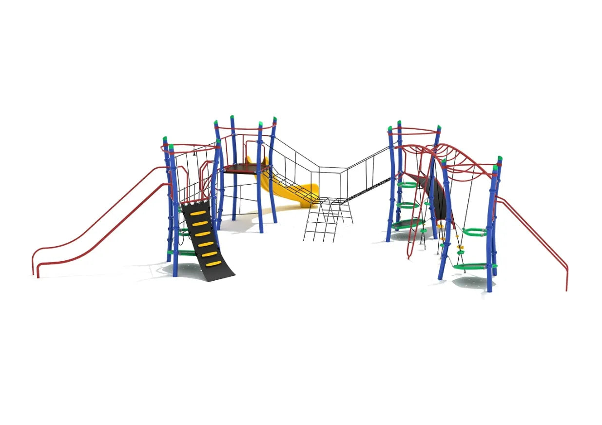 Colorful playground structure with slides, climbing nets, rope bridges, ladders, and monkey bars for active play
