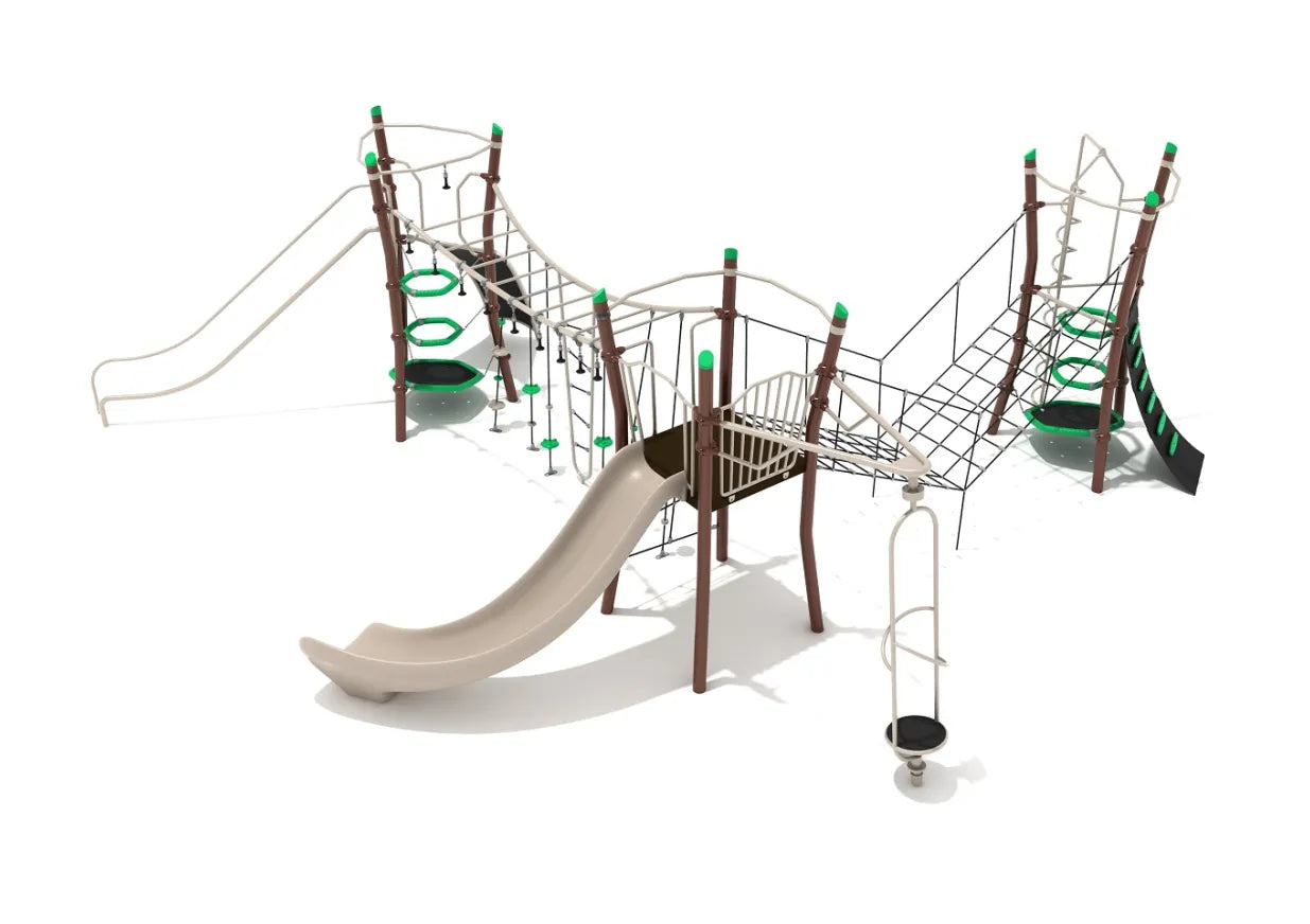 Provo Canyon Playground with brown and green slides, rope bridges, climbers, and swings for active, obstacle course play