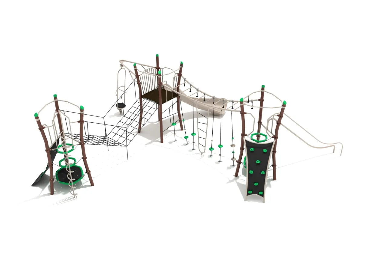 Deckless playground structure with rope bridges, climbing nets, slides, and hanging obstacles in brown and green colors