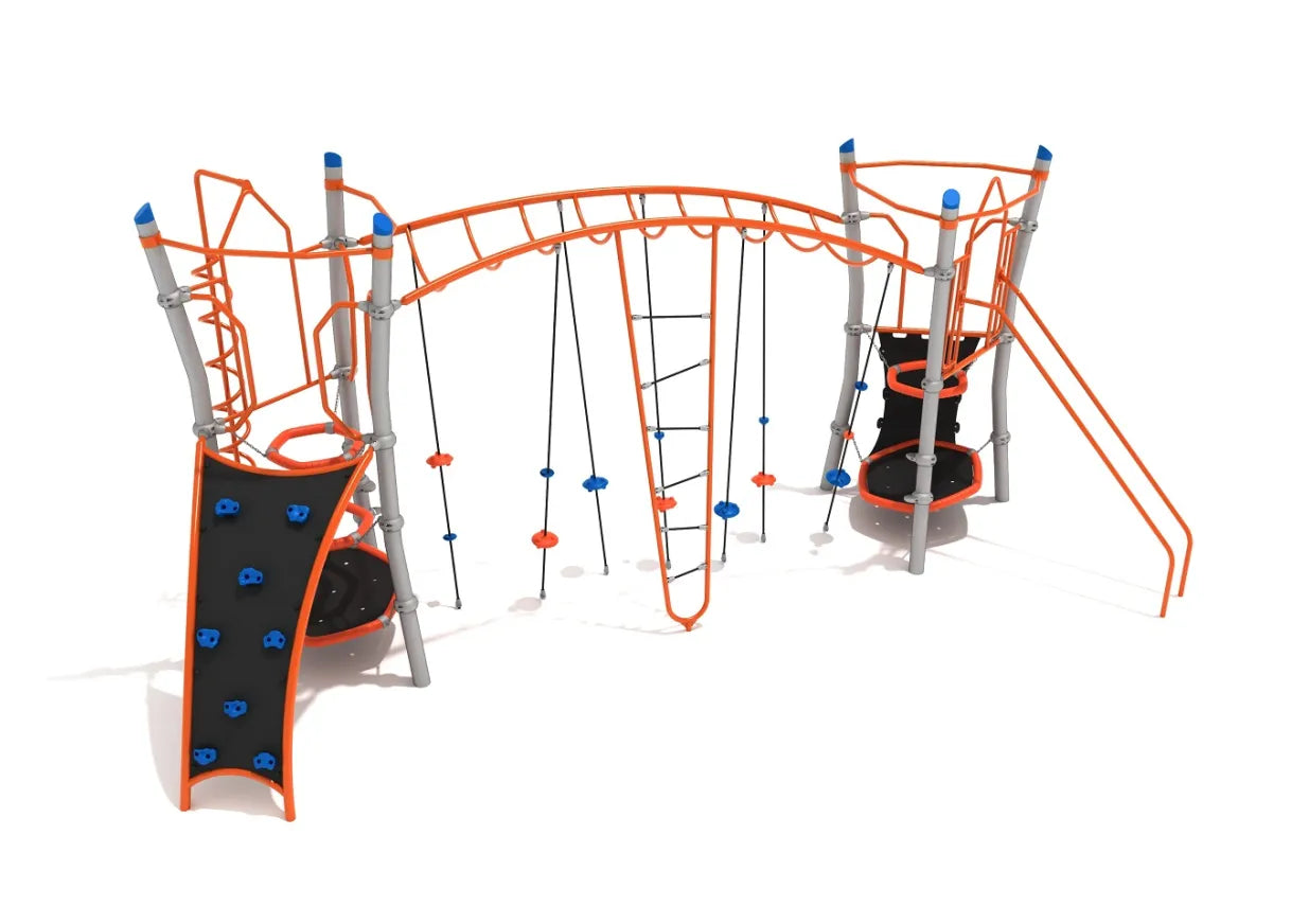 Zion Canyon Playground with orange and gray climbing structures, overhead ladders, rope routes, ring stacks, and slides for active play