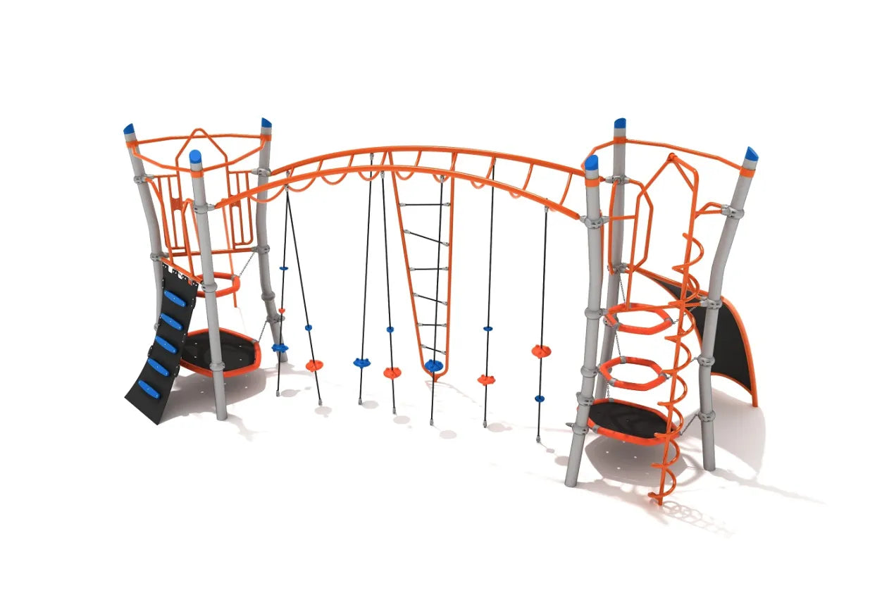 Compact outdoor obstacle course playground with orange and gray climbing structures, hanging ropes, balance elements, and overhead ladders.
