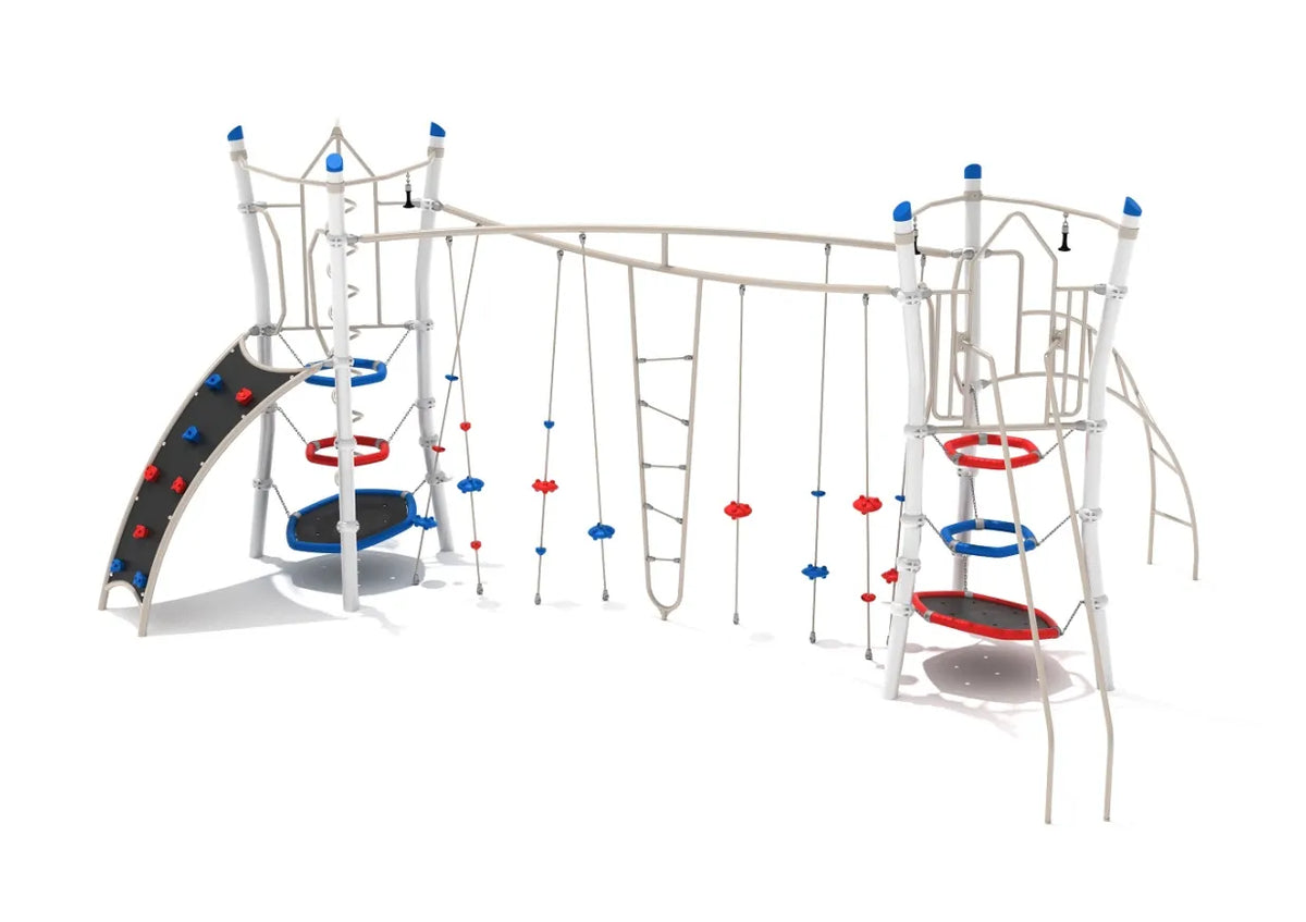 White and blue metal obstacle course playground with climbing walls, hanging rings, rope ladders, and platforms for active play