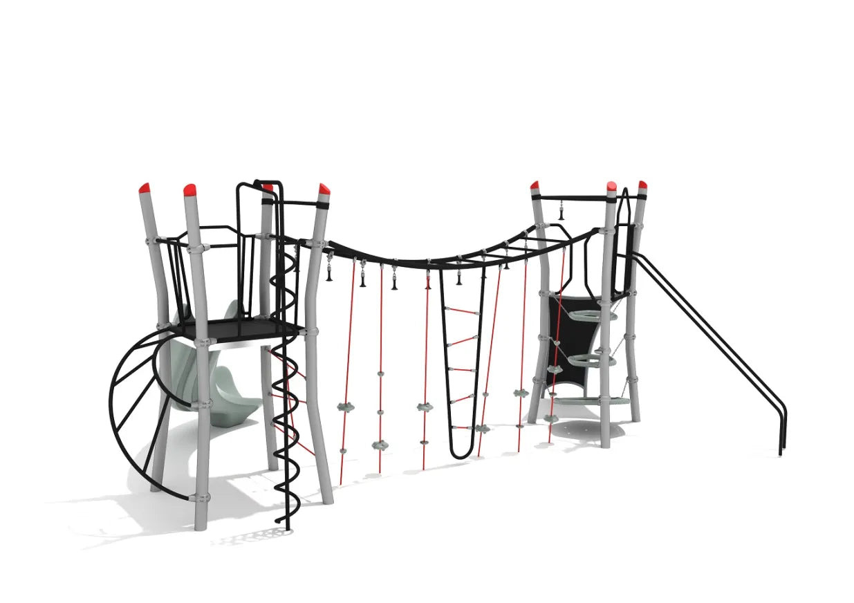 Playground obstacle course with climbing ropes, spiral ladder, overhead bars, and slide in gray and red colors