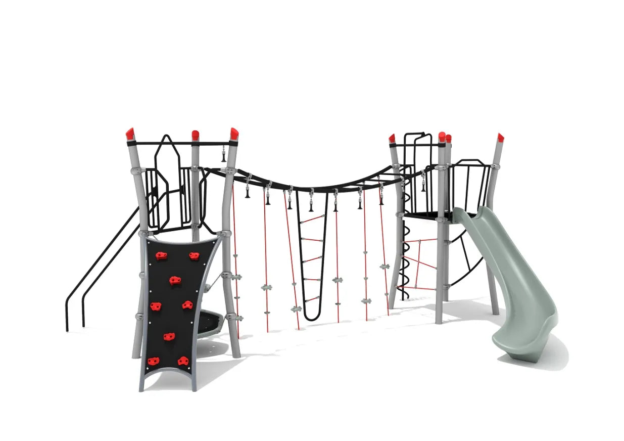 Ruby Canyon Playground with rock climbing wall, rope obstacles, overhead ladders, bars, and slide for active kids