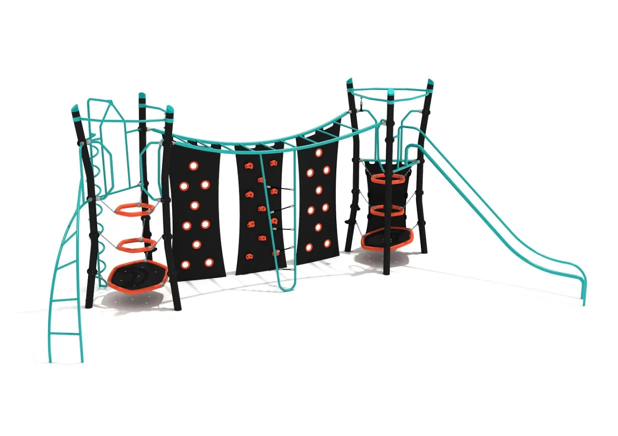Teal and black playground structure with climbing walls, overhead bars, circular platforms, and a slide for active play and physical development
