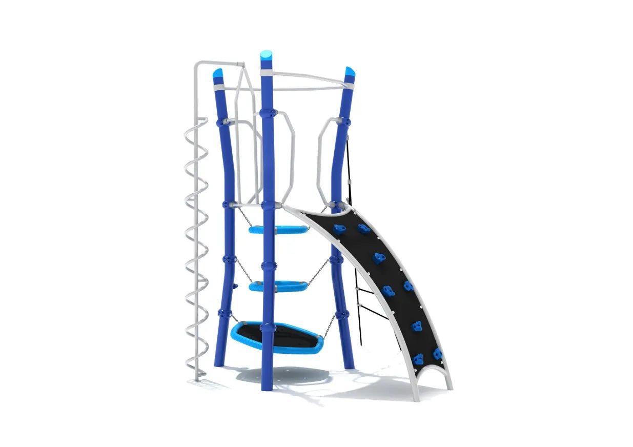 Compact playground climbing structure with blue posts, curved climbing wall, spiral ladder, and suspended ring platforms