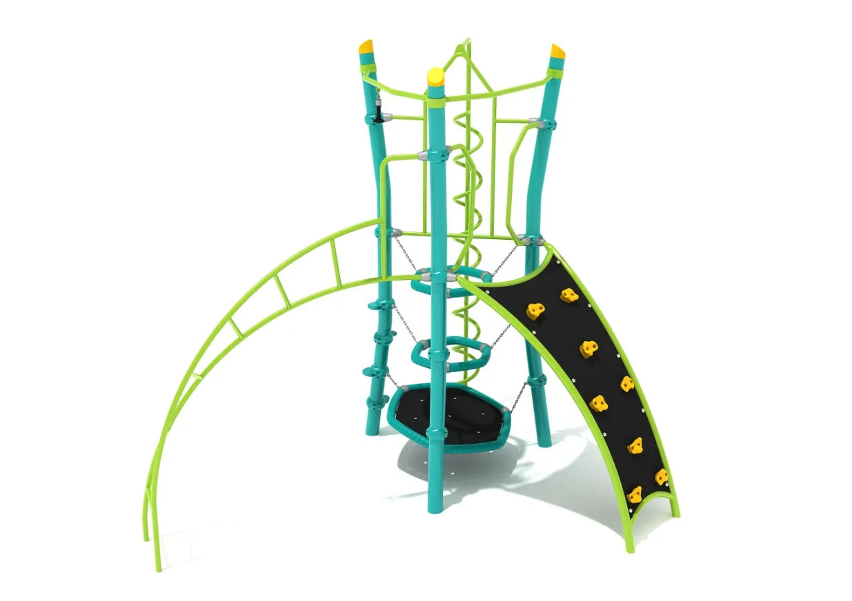 Grand Mesa Playground with vertical climbing structure, spiral climber, arch rock wall, hanging handle, and ringed steps in bright green and teal