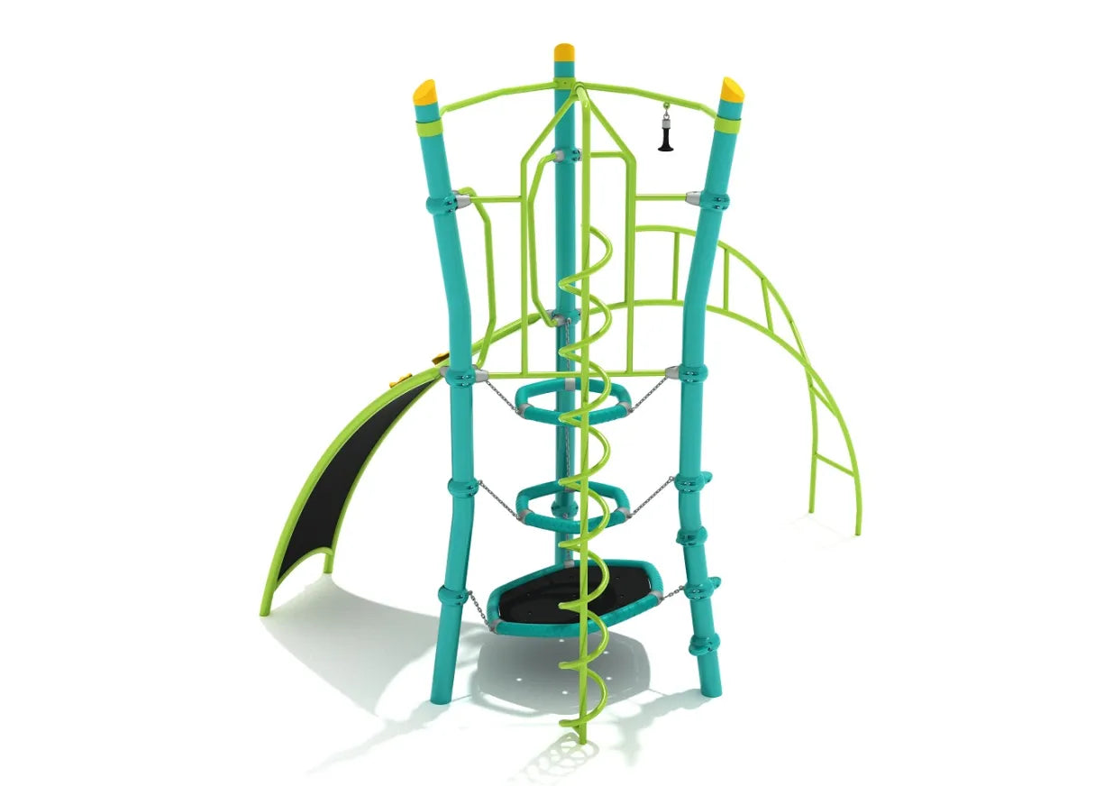 Vertical playground structure with spiral climber, arch rock wall, hanging handle, and ringed steps in teal and lime green