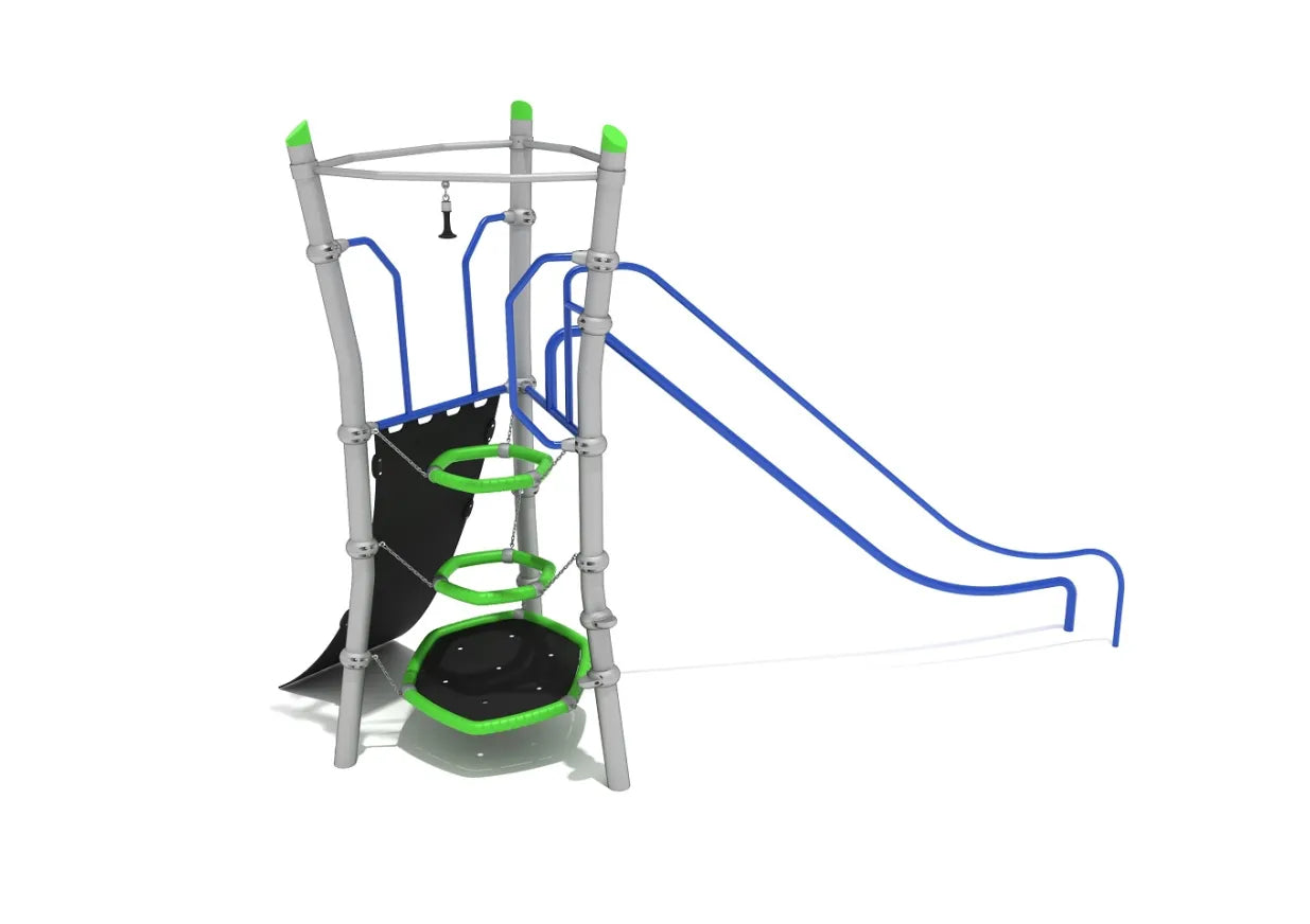 Compact playground structure with climbing rings, curved slide, and vertical climbing panel in gray, blue, and green colors