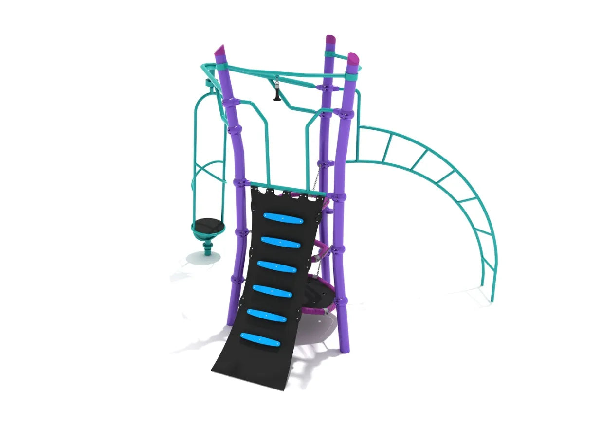 Colorful playground climbing structure with curved ladder, flex ramp, ring stack climber, hanging handle, and orbital spinner