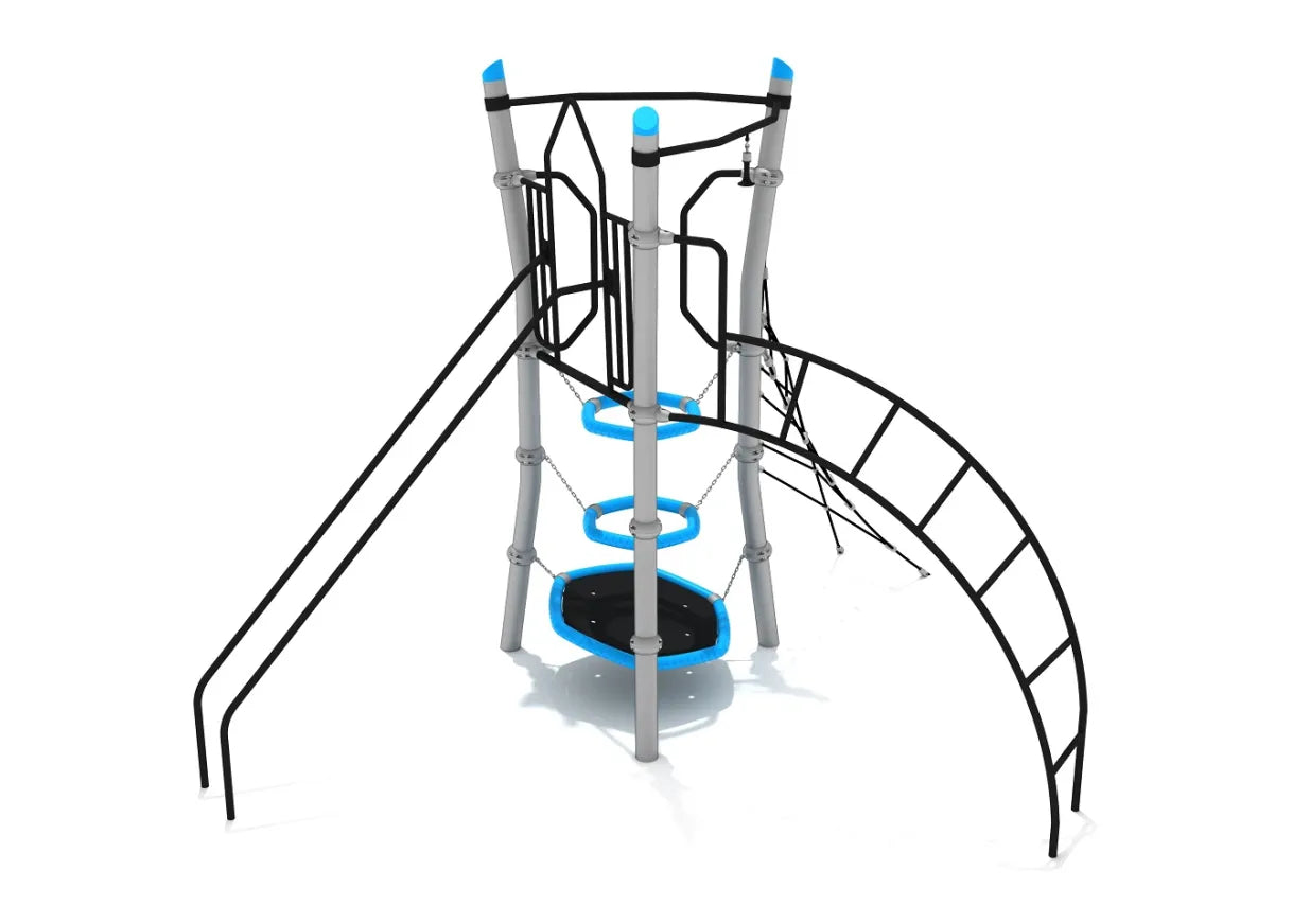 Triangular deckless playground climber with blue-ring steps, curved monkey bars, parallel bars, and hanging handles for climbing and balancing
