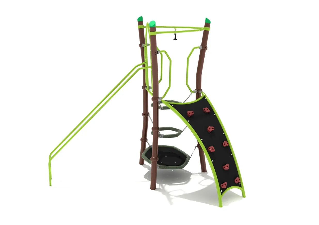 Monarch Mountain Playground with curved arch rock wall, ring stack climber, parallel bars, and hanging handle in green and brown