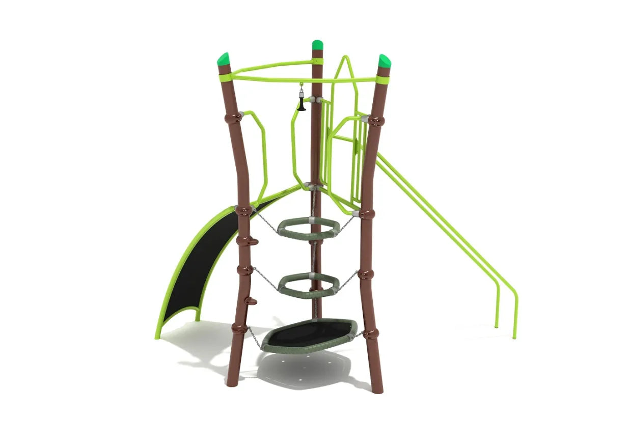 Deckless playground climbing structure with brown posts, green climbing rings, curved rock wall, parallel bars, and hanging handle