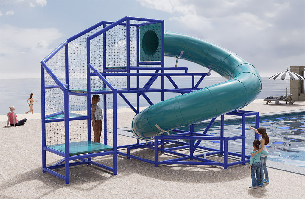 Compact blue-framed water slide with enclosed teal tube, mesh safety netting, and children near poolside
