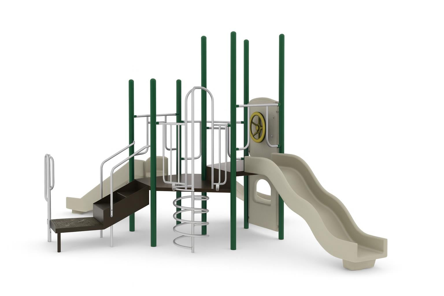 Kenai WillyGoat Playground with green posts, double wall slide, bump wave slide, spiral corkscrew climber, interactive drive and store panels on wood chip ground