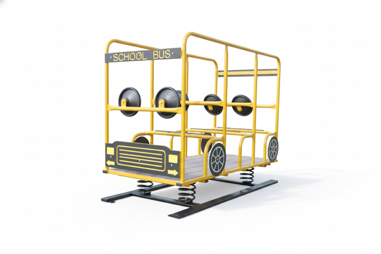 Rockin Time School Bus Multi Passenger Spring Rider playground equipment in yellow and black with steering wheels and spring base for group play