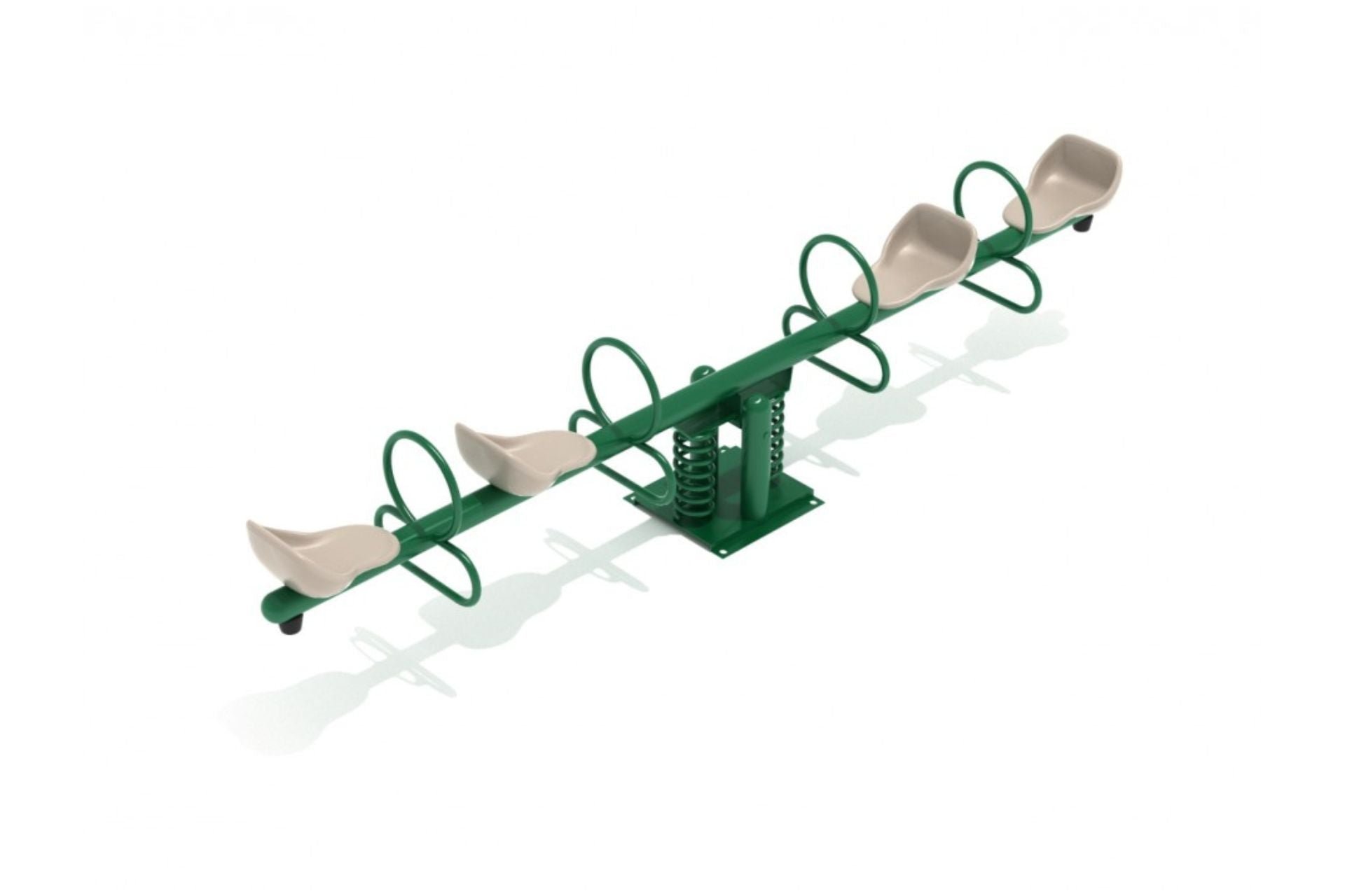 Rockwell Teeter Quad with four beige seats, green galvanized steel frame, spring base, and steel rings for gripping and foot support on preschool playground equipment