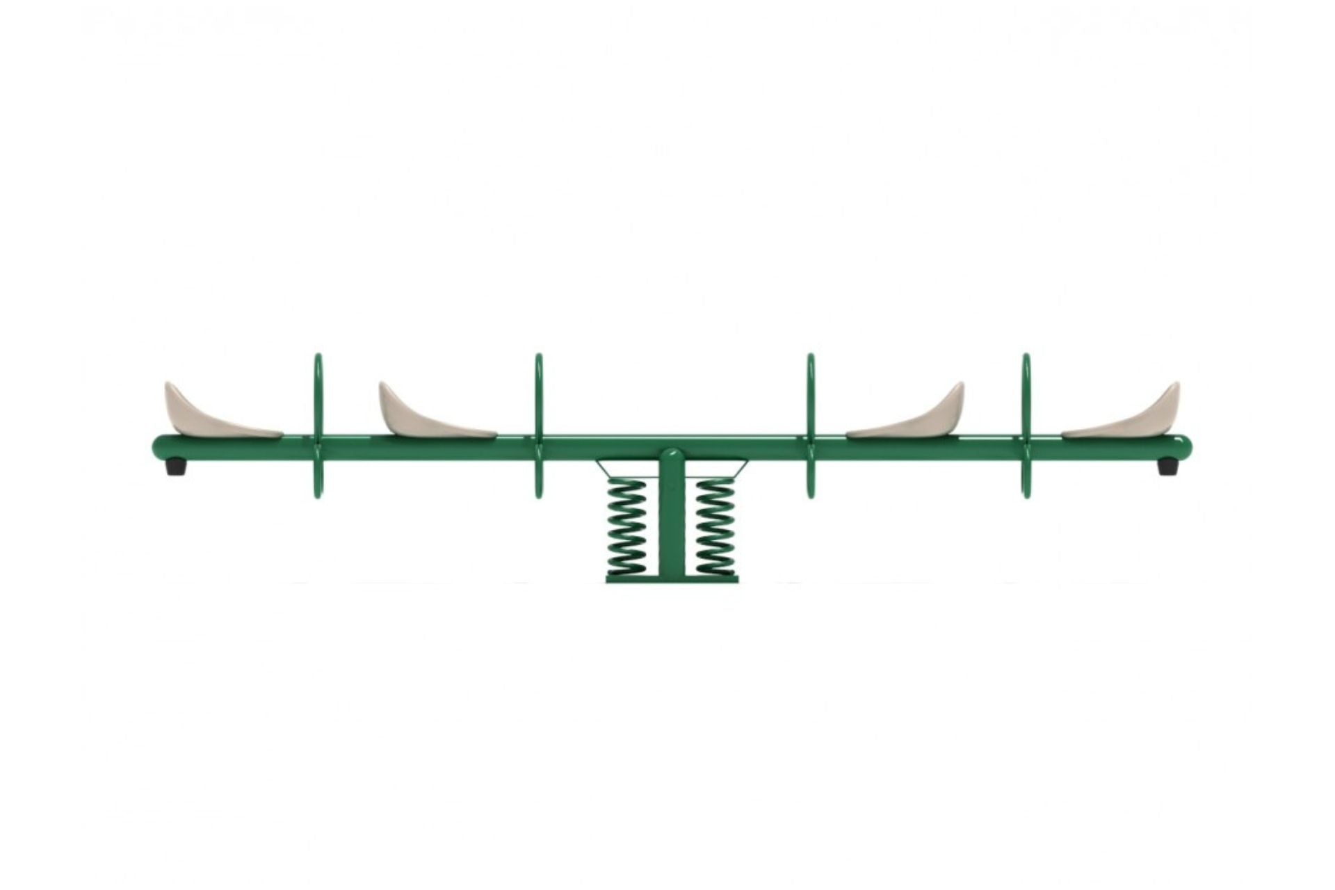 Green steel playground teeter totter with four beige seats, spring base, and steel rings for gripping and foot support