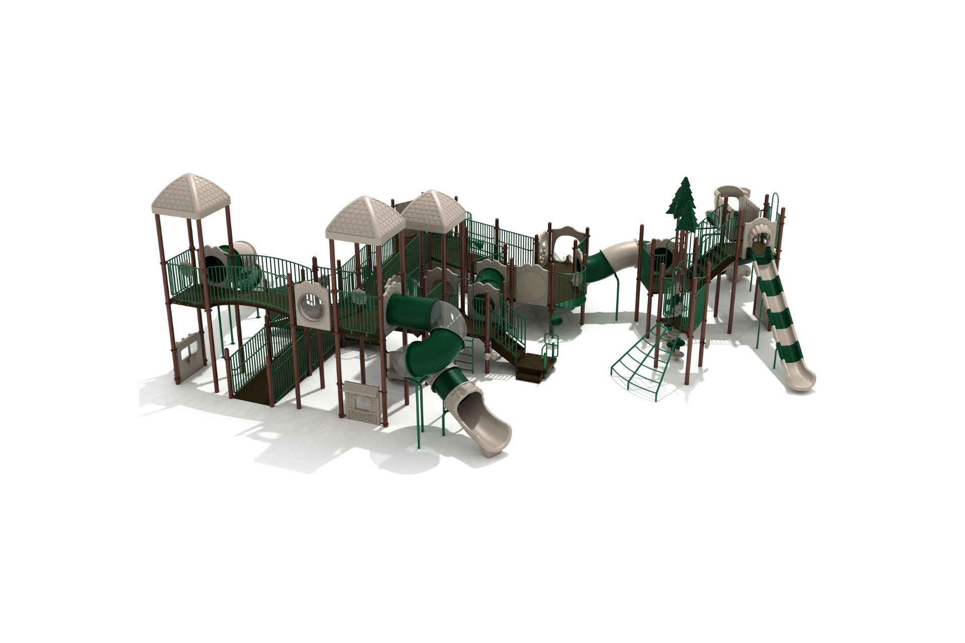 Rosedale Playground large play system with green and beige slides, climbing walls, bridges, towers, and accessible play features